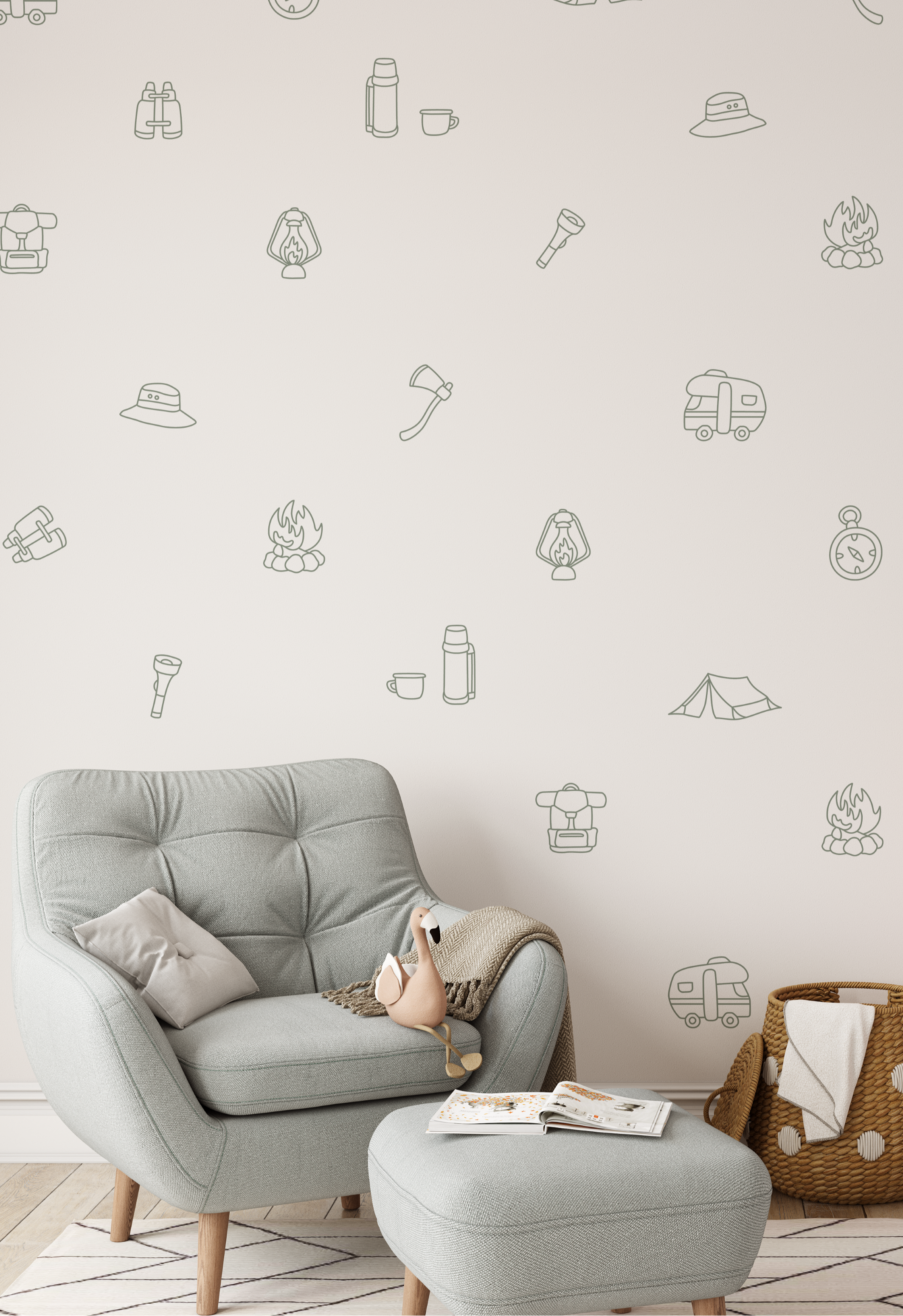 Pastel kids room with soft furnishings featuring removable camping wall decals in a neutral green outline.