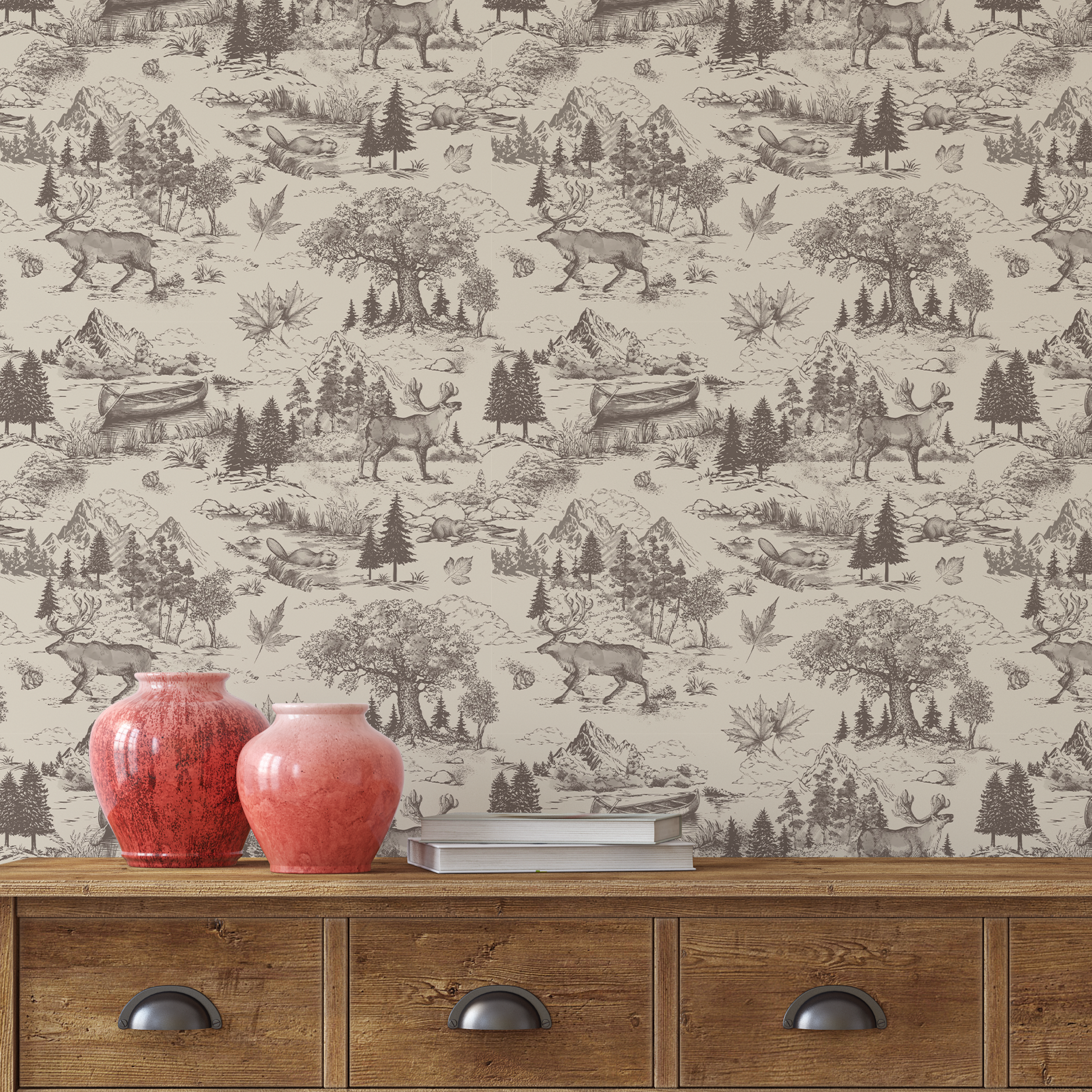 Canada Toile Wallpaper styled above a rustic wood console table highlighting vintage Canadian wilderness toile pattern