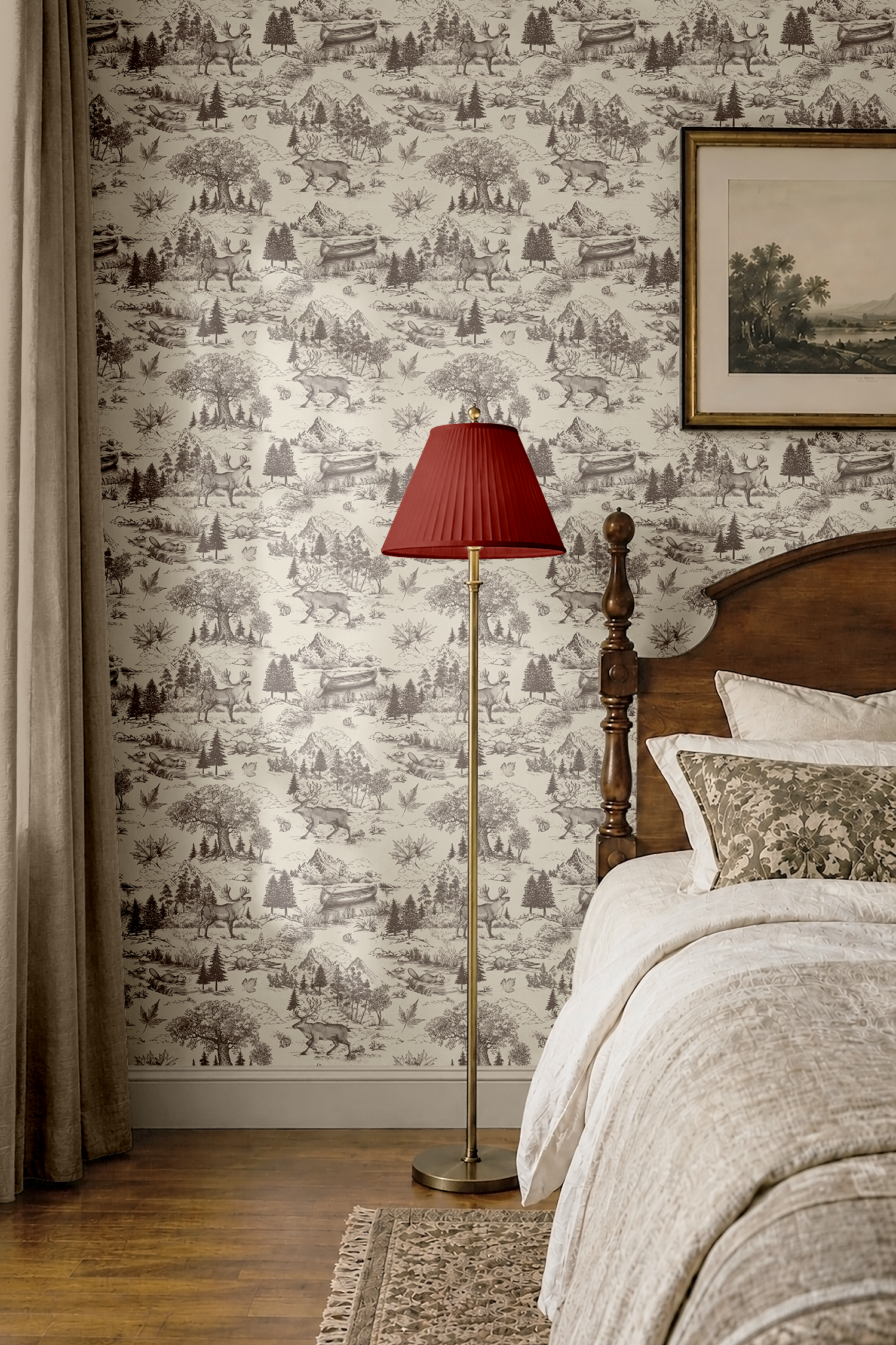 Canada Toile Wallpaper in a rustic bedroom featuring vintage Canadian landscape wallpaper with moose, canoe and mountain illustrations