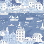 Close-up of blue nautical wallpaper featuring boats, houses, and shoreline village details