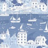 Close-up of blue nautical wallpaper featuring boats, houses, and shoreline village details