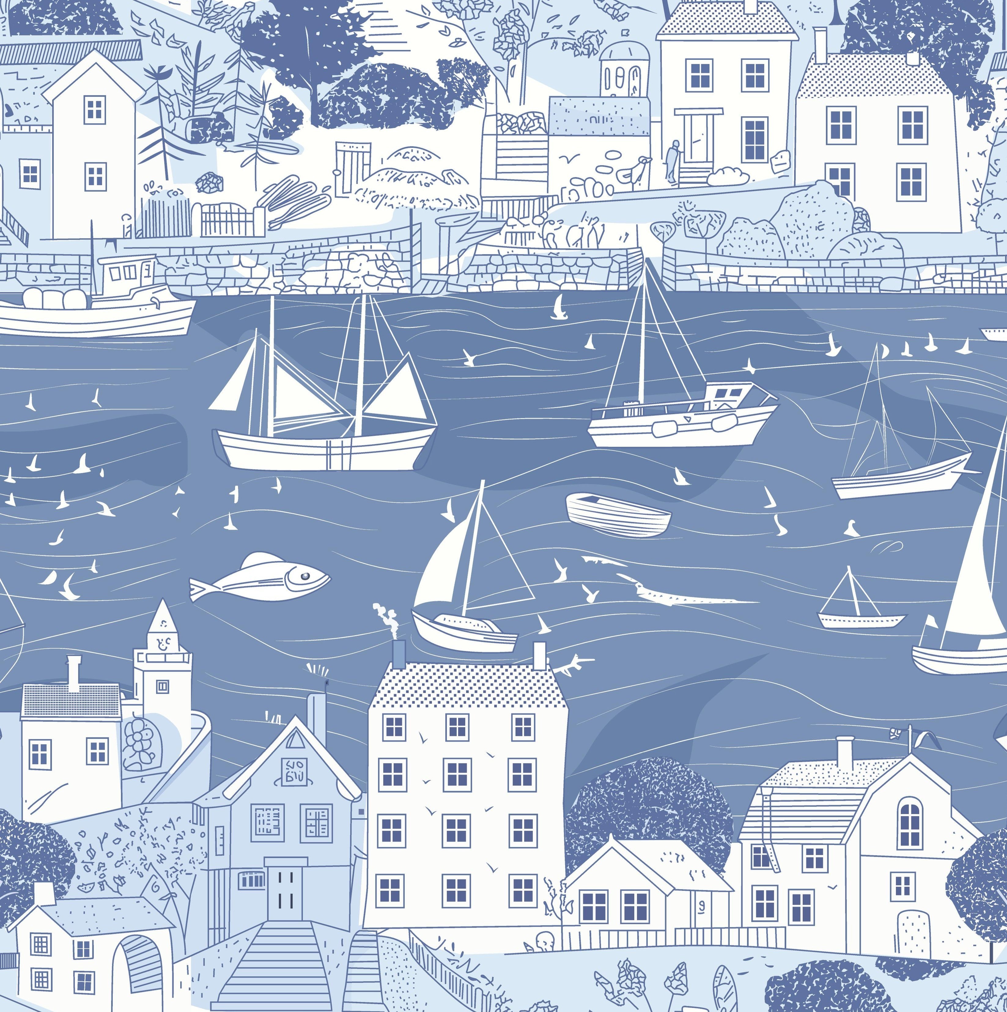 Close-up of blue nautical wallpaper featuring boats, houses, and shoreline village details