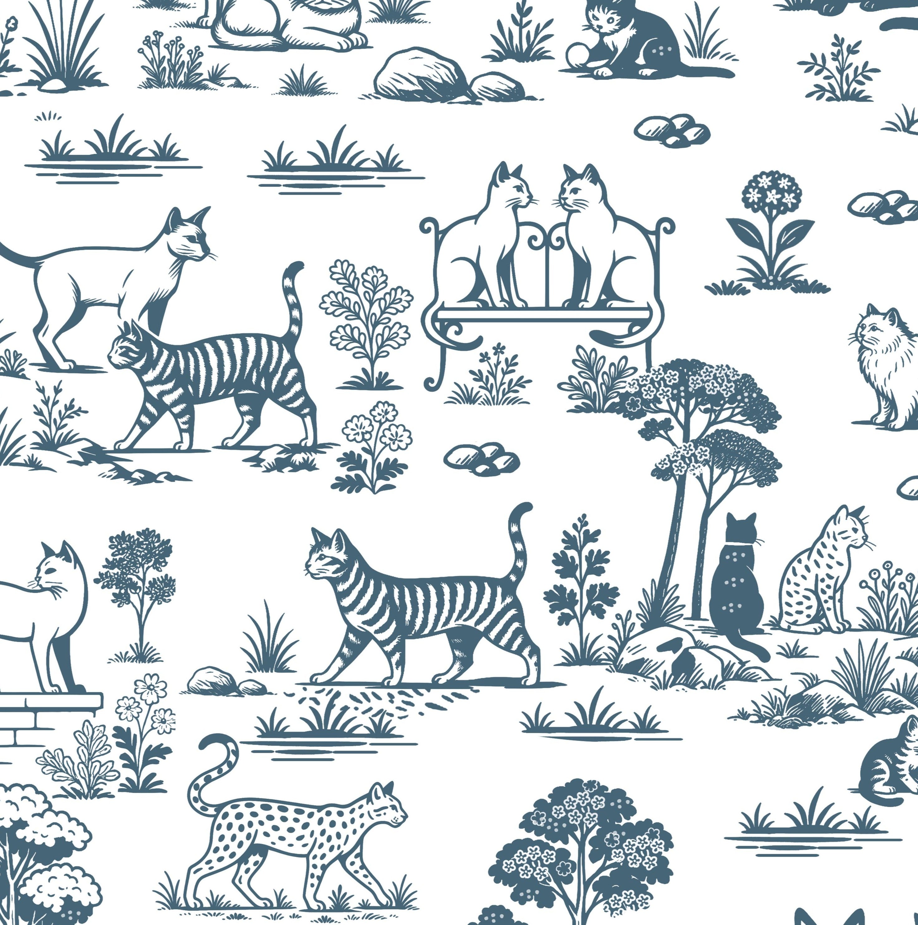 sample view of cat wallpaper showing repeating toile pattern with cats, florals and garden elements