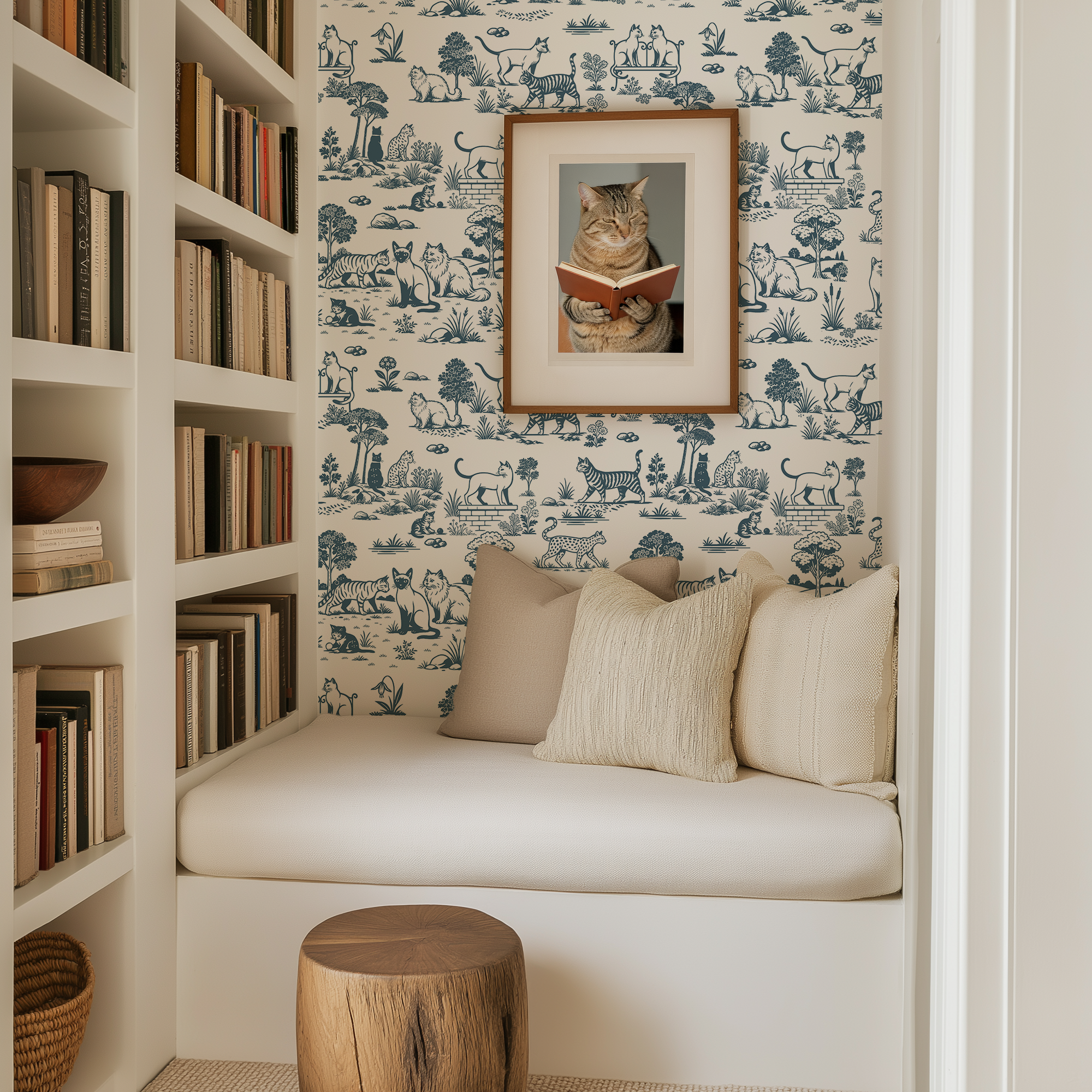 cat wallpaper toile pattern in cozy reading nook with built in shelves and neutral cushions, blue vintage cat wall design