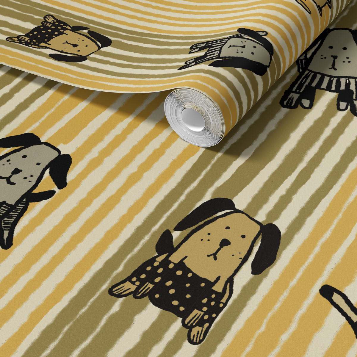A roll of patterned wallpaper or fabric shown partially unrolled, featuring cartoon dog illustrations on a mustard yellow and cream striped background.