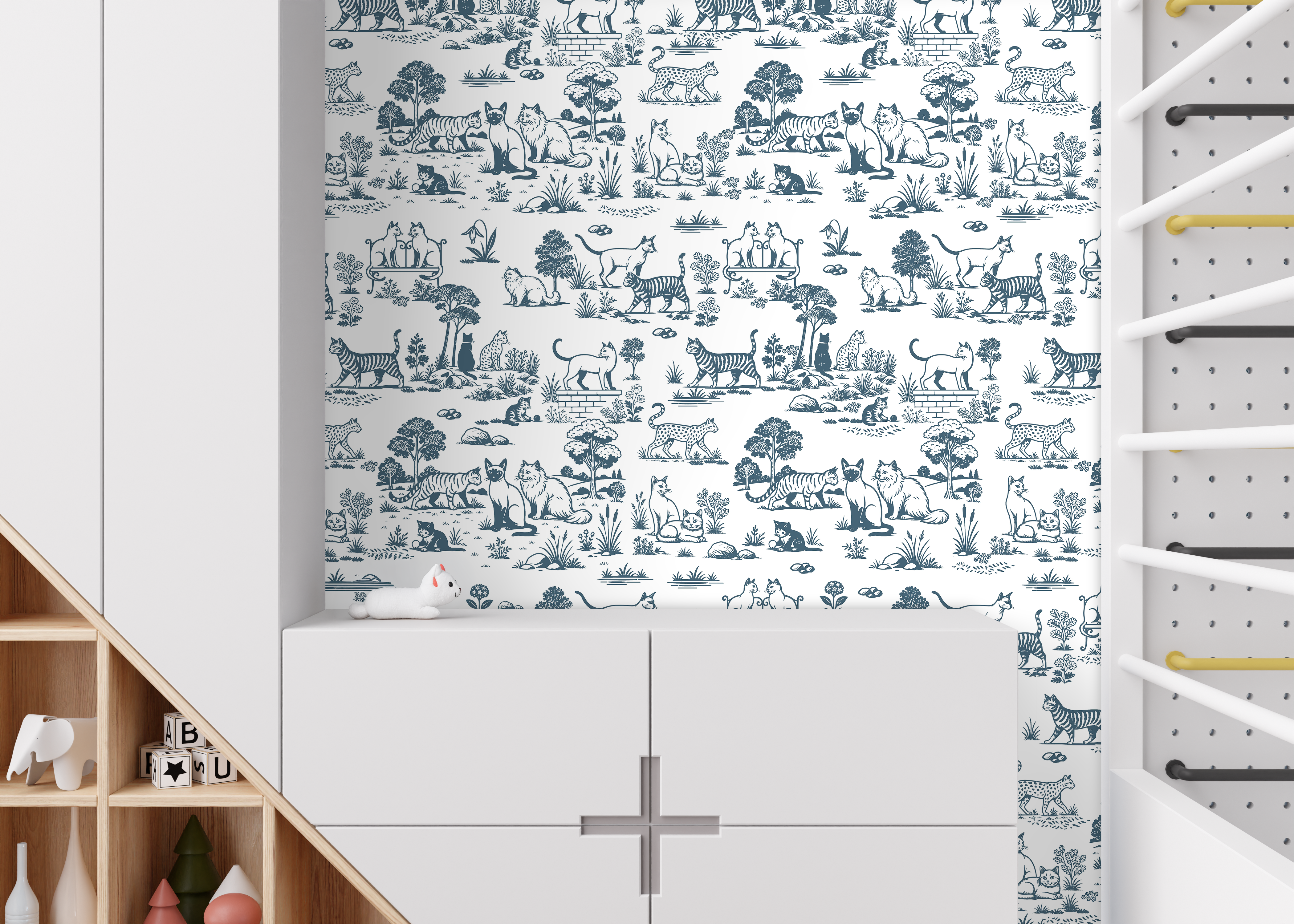 cat wallpaper accent wall in kids room with modern furniture, playful toile cat pattern in soft blue tones
