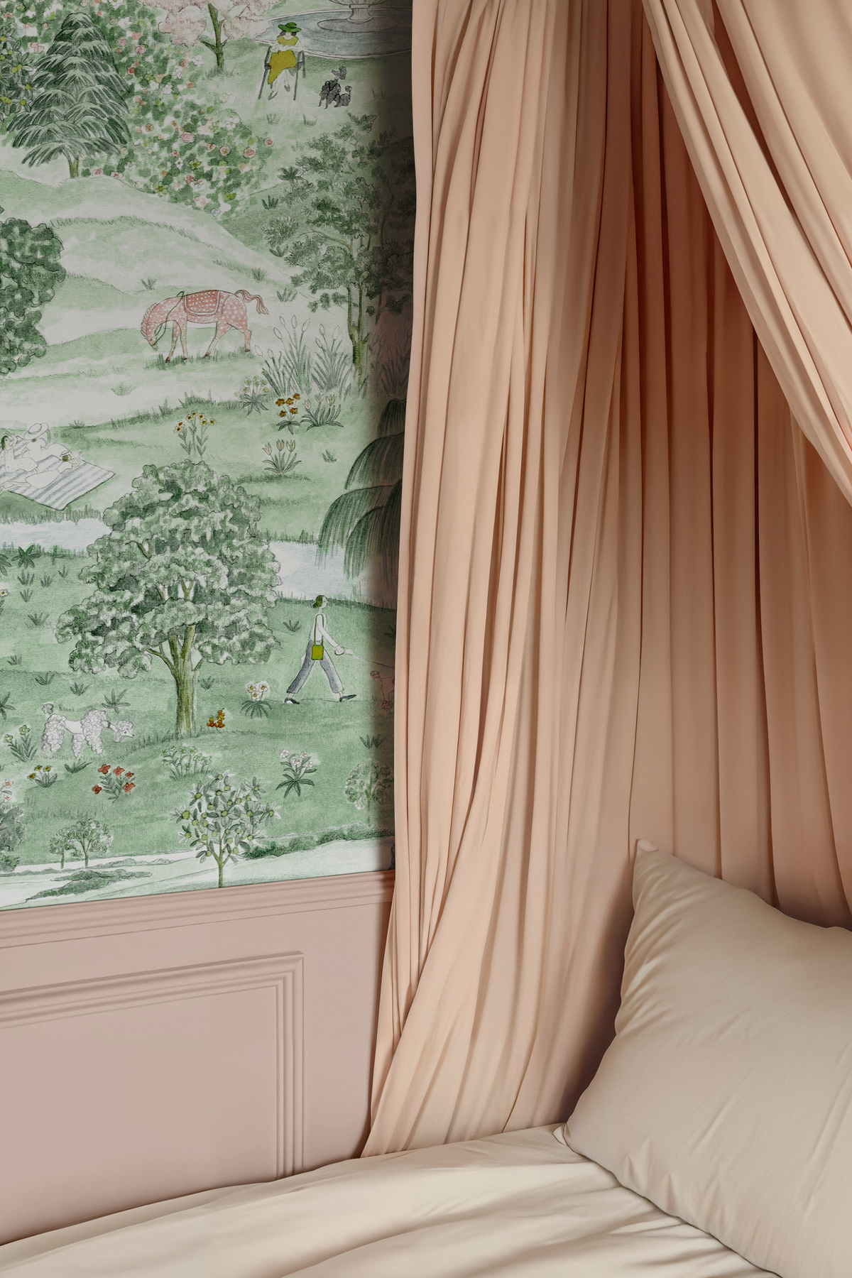 Green English Garden wallpaper in a charming girls bedroom with soft pink canopy and illustrated countryside scenery