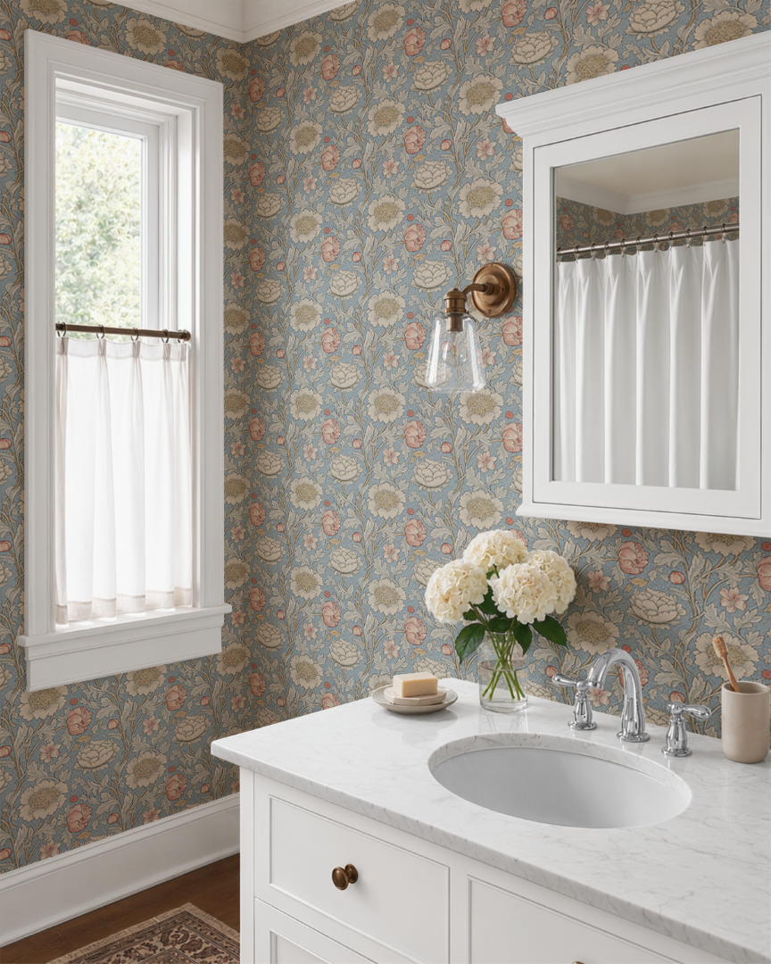 A styled bathroom interior featuring blue floral wallpaper, a white vanity with a marble sink, a wall-mounted mirror, a window with sheer curtains, and a brass sconce.