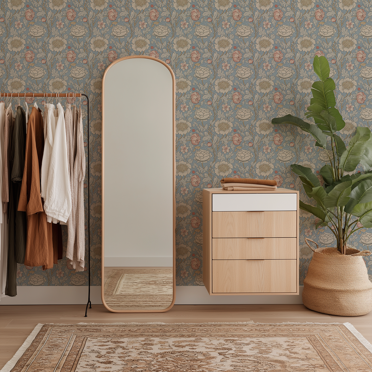 A tall floor mirror with a rounded top and arched bottom stands in a styled room next to a clothing rack, a three-drawer wooden cabinet, and a potted plant against a patterned wallpaper background.
