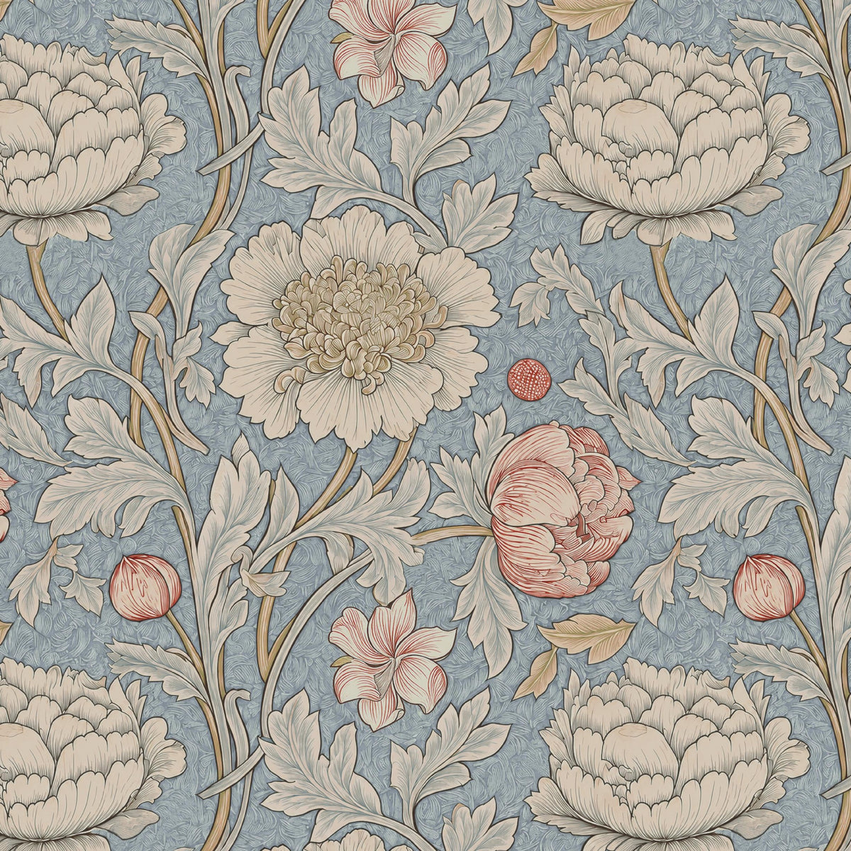 A repeating floral pattern featuring large cream-colored peonies and smaller pink blossoms with gray-green leaves on a dusty blue background.