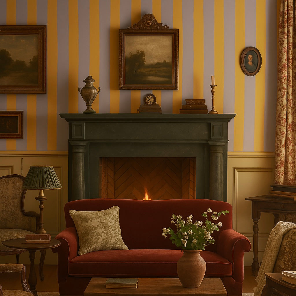 Vintage living room with fireplace and bold circus stripe wallpaper in yellow and lavender tones