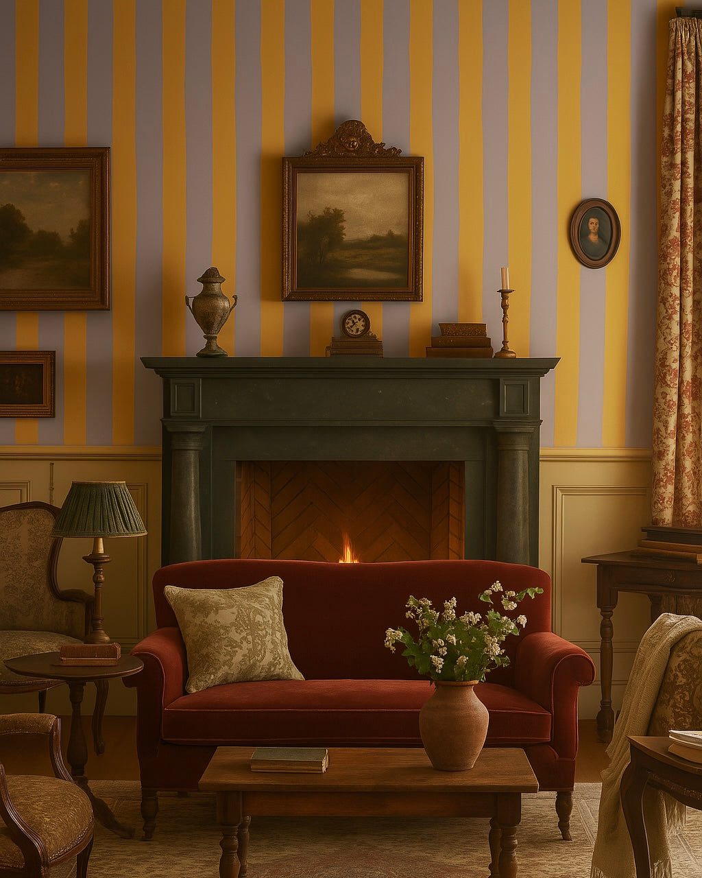 Vintage living room with fireplace and bold circus stripe wallpaper in yellow and lavender tones