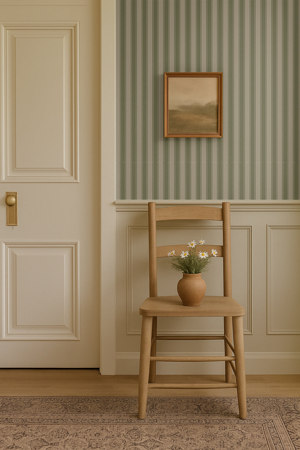 Cozy entryway with sage green striped wallpaper and wooden chair with vase of daisies