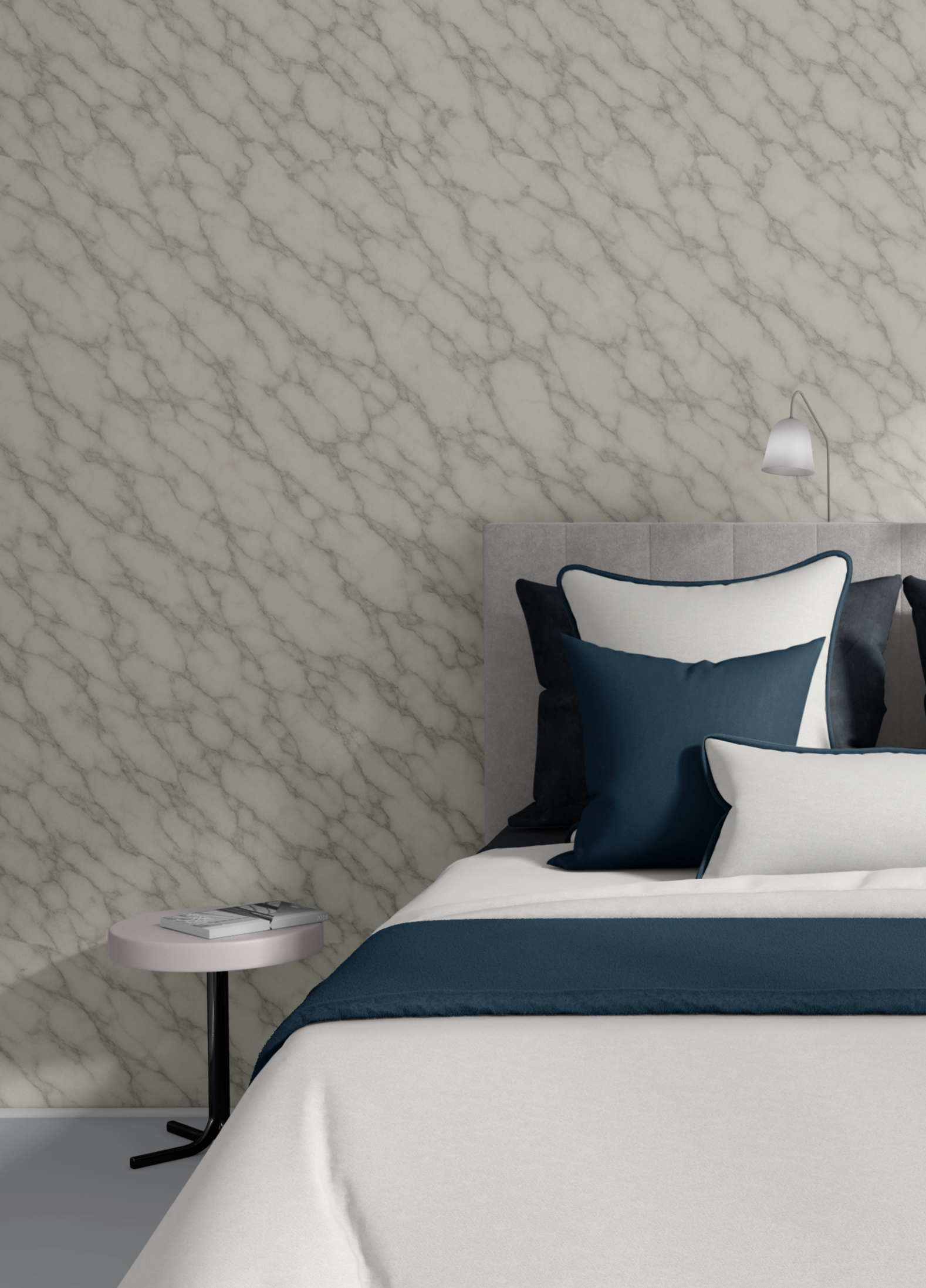 Close-up Marble Wallpaper in Bedroom – detail view of faux marble wall mural behind bed with luxury pillows