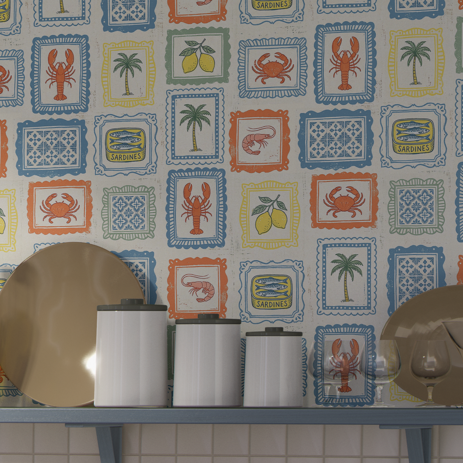 Decorative wallpaper with seafood and palm tree patterns, featuring jars and plates on a table.