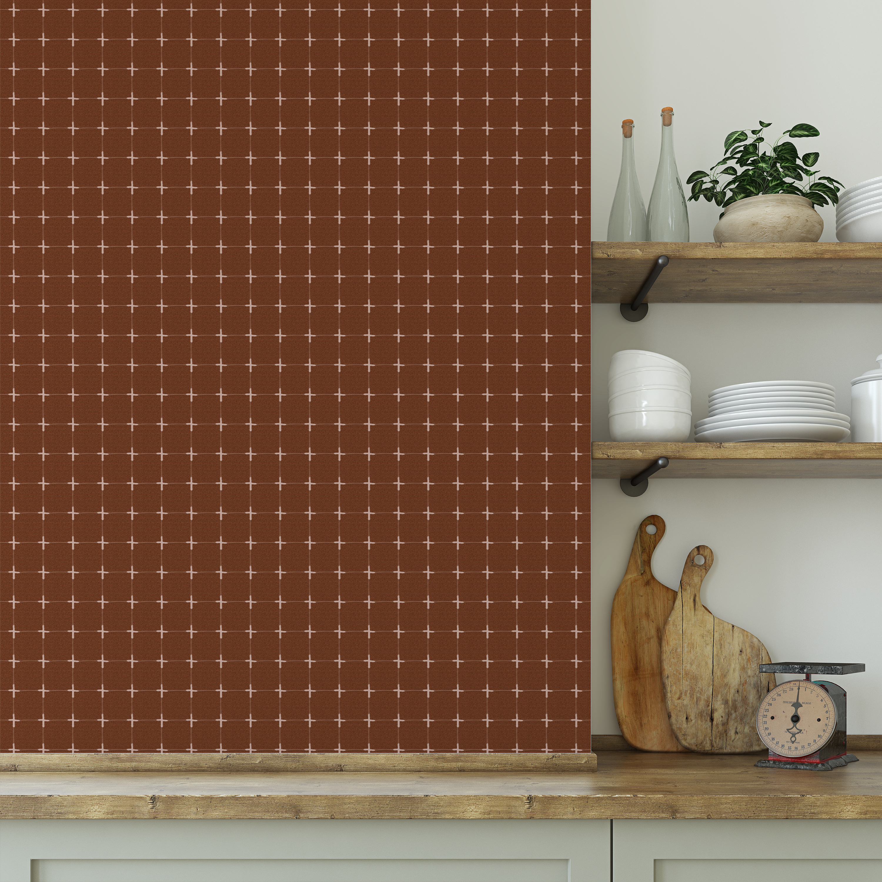 Cocoa brown check pattern wallpaper styled in a kitchen with wood shelves and ceramics