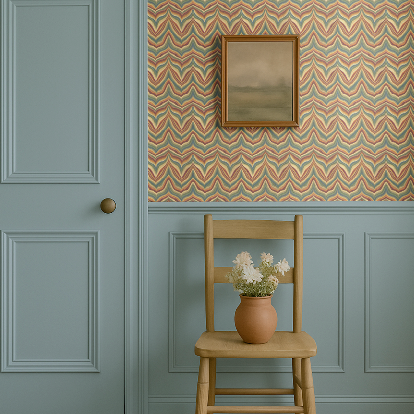 Mesa Wave wallpaper with colorful wavy pattern styled in a muted blue room with wood chair and pottery vase