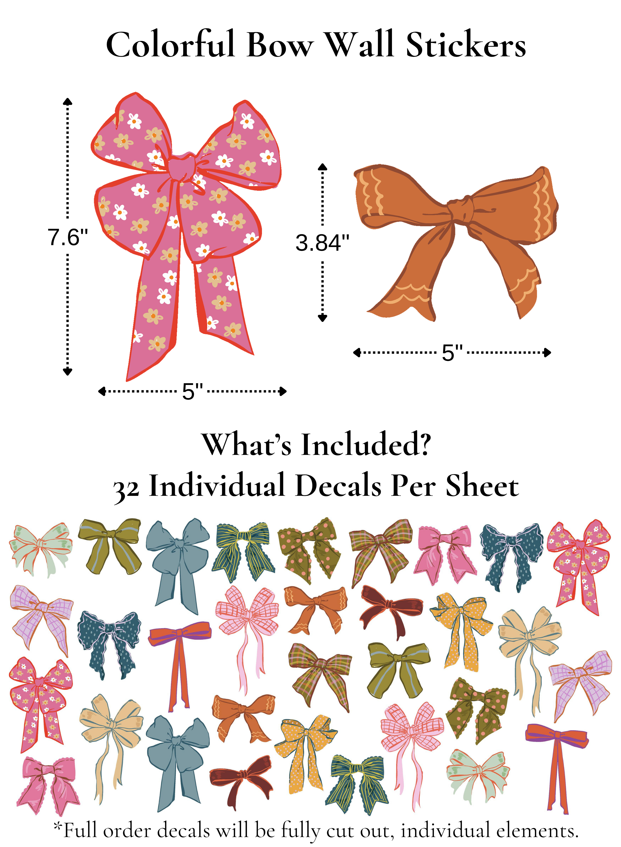 Bow wall decal size chart showing dimensions and full sheet of 32 individual colorful ribbon stickers