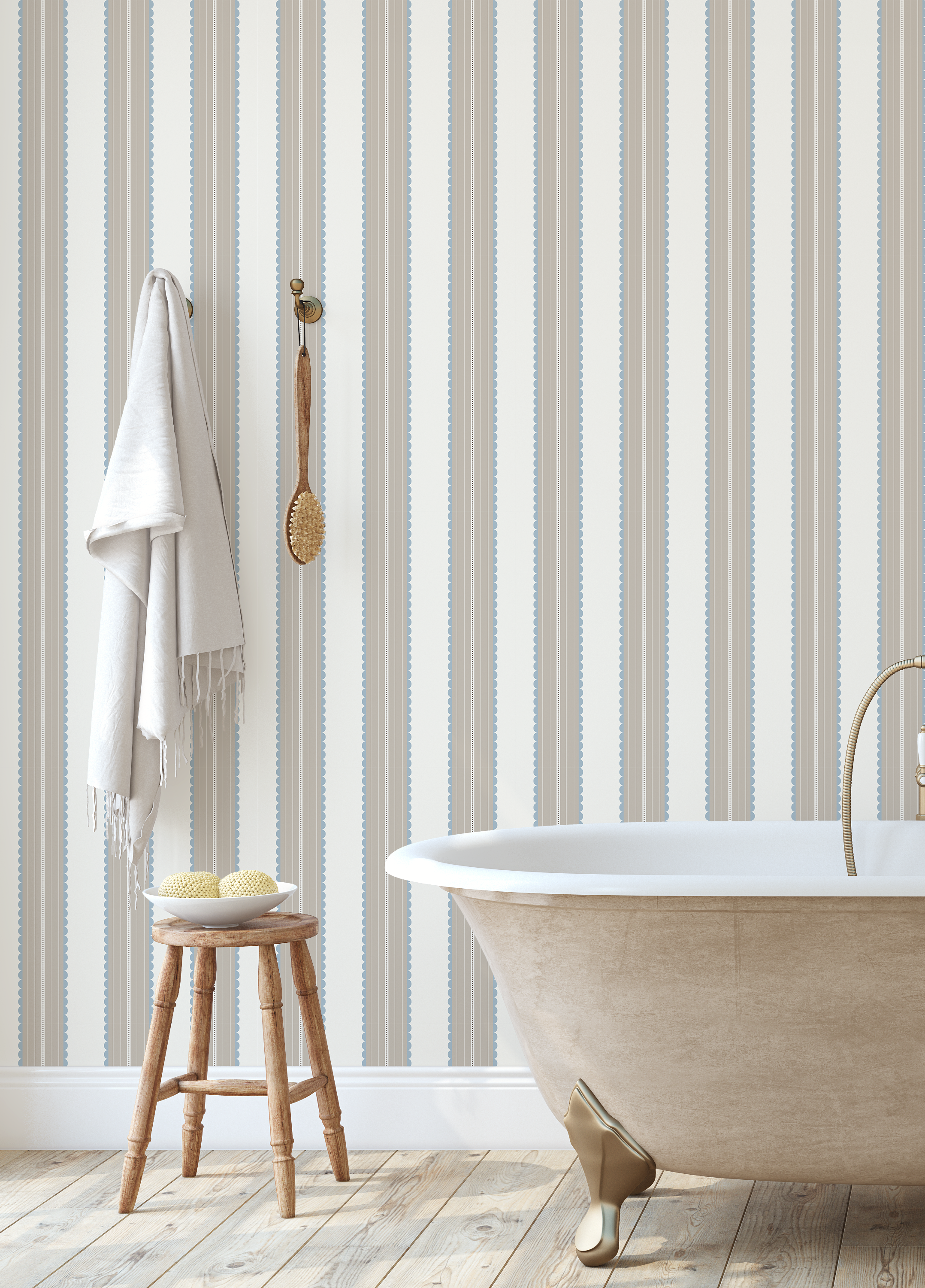 Bathroom with freestanding bathtub, wooden stool, and blue and taupe striped scalloped wallpaper.