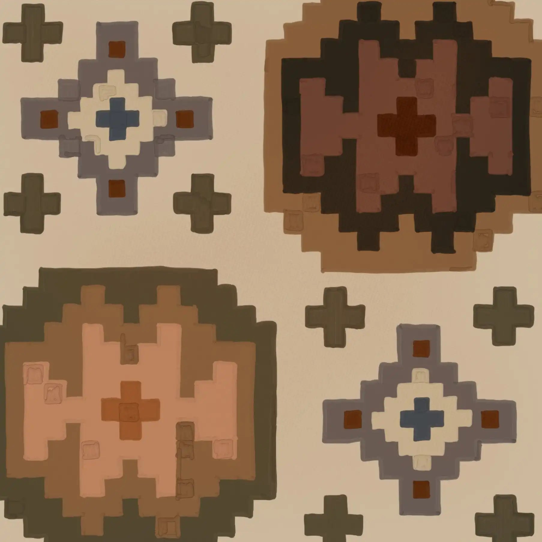 Close-up of terracotta and navy geometric tile pattern with vintage Western motif