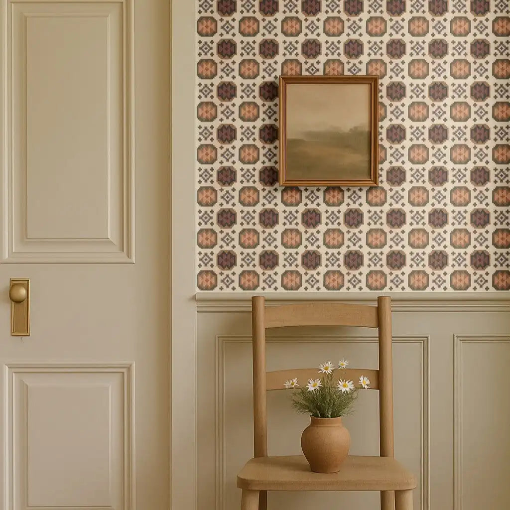  Western tile wallpaper on feature wall with framed art and farmhouse chair in neutral room decor