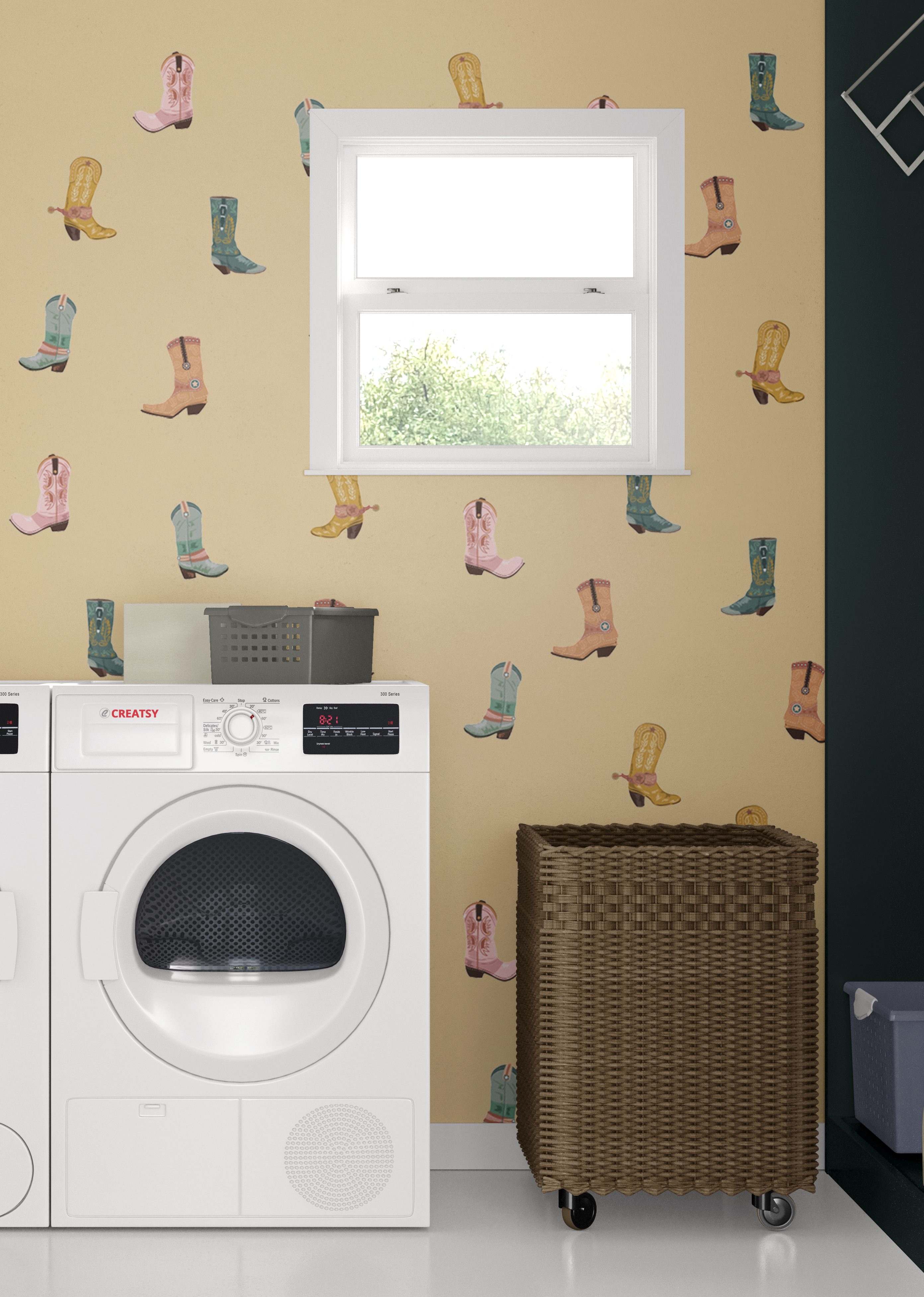 Cowgirl boot wall decals in a laundry room on beige walls near washer and dryer.
