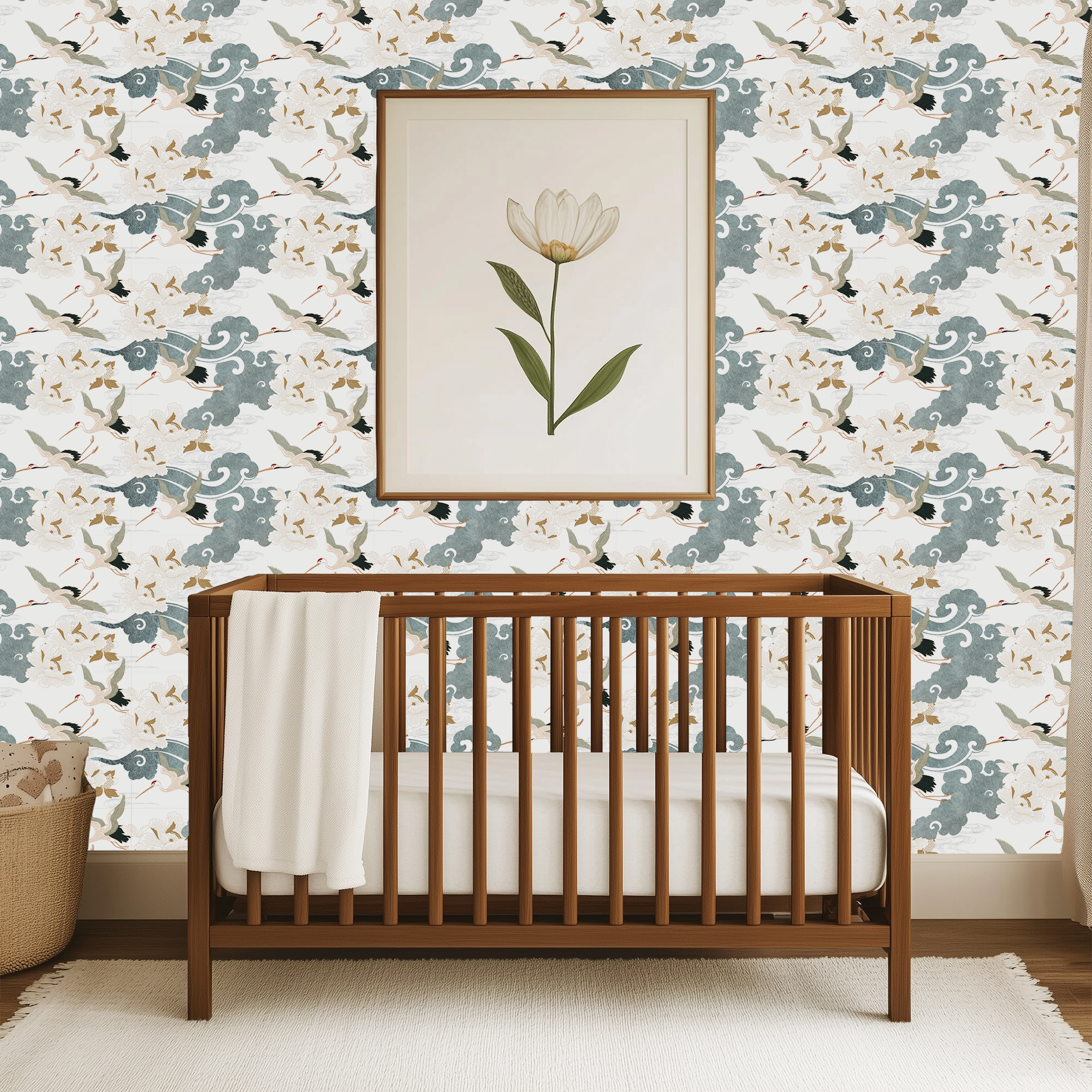 Blue and white Japanese crane wallpaper in nursery with elegant cranes, peonies, and traditional Asian design