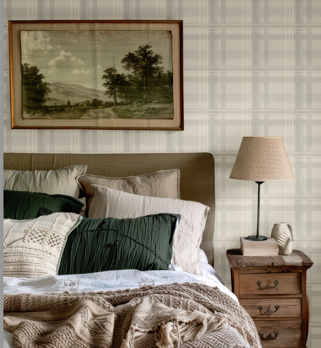 Bedroom with Cream Tartan Wallpaper and rustic wood furnishings.