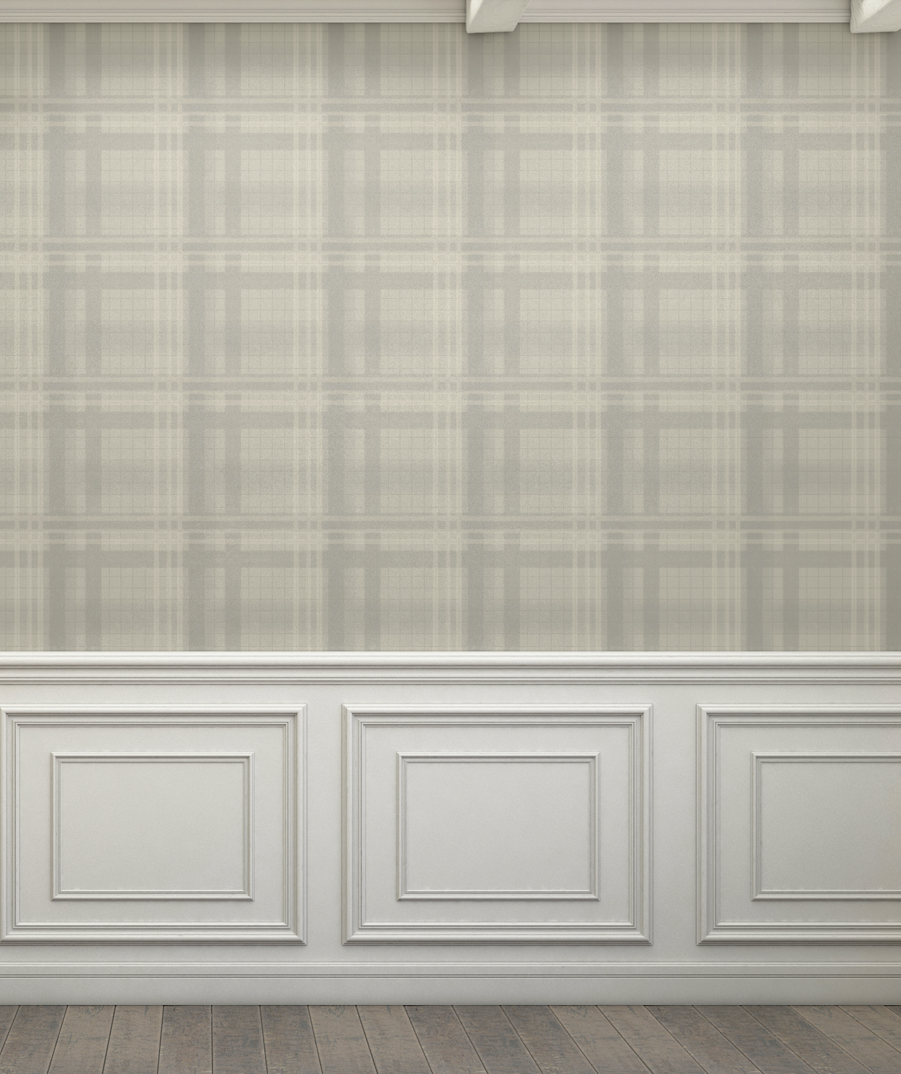 Empty room showcasing Cream Tartan Wallpaper with white wainscoting.