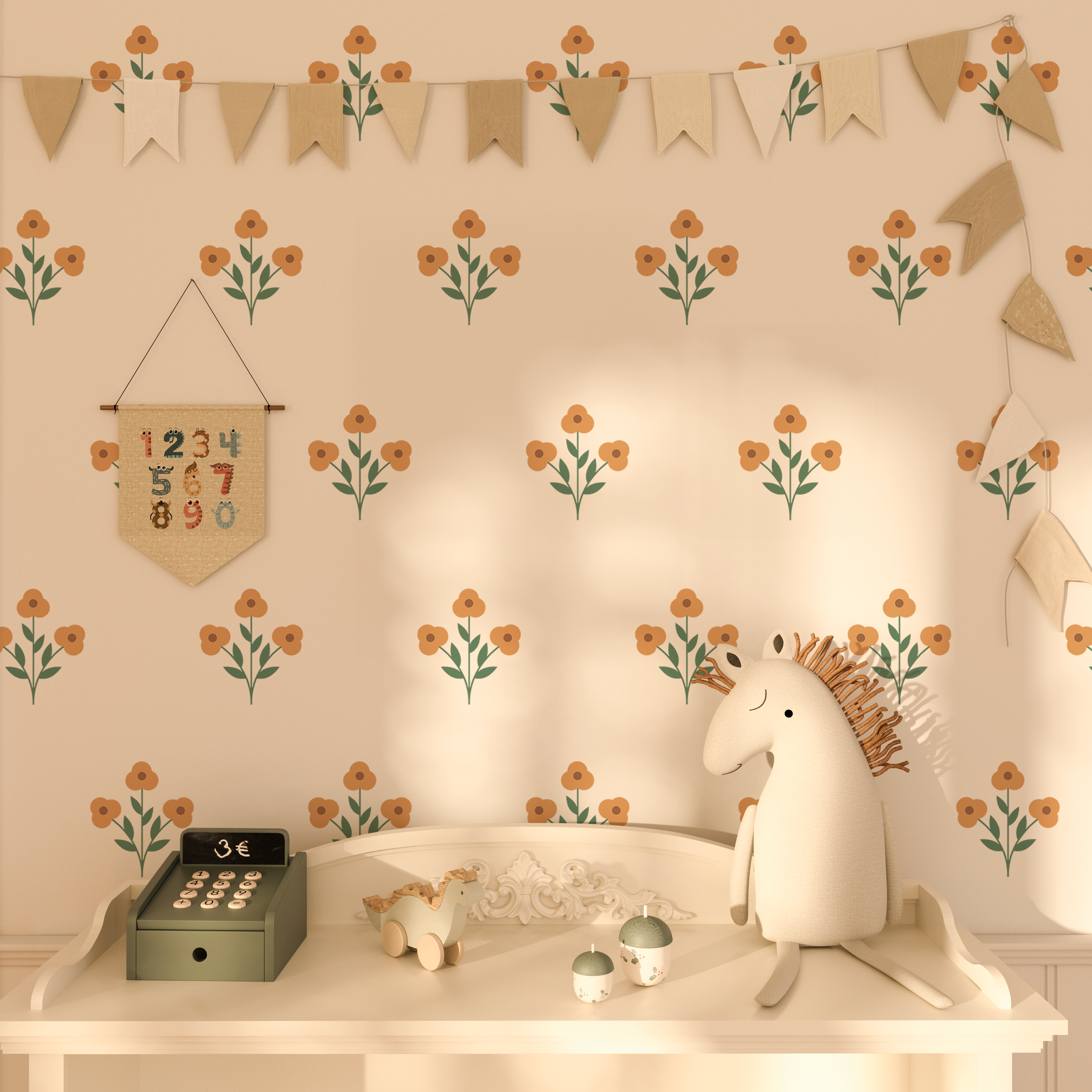 Sweet Spring flower wall decals in soft orange and green arranged on a nursery wall 
