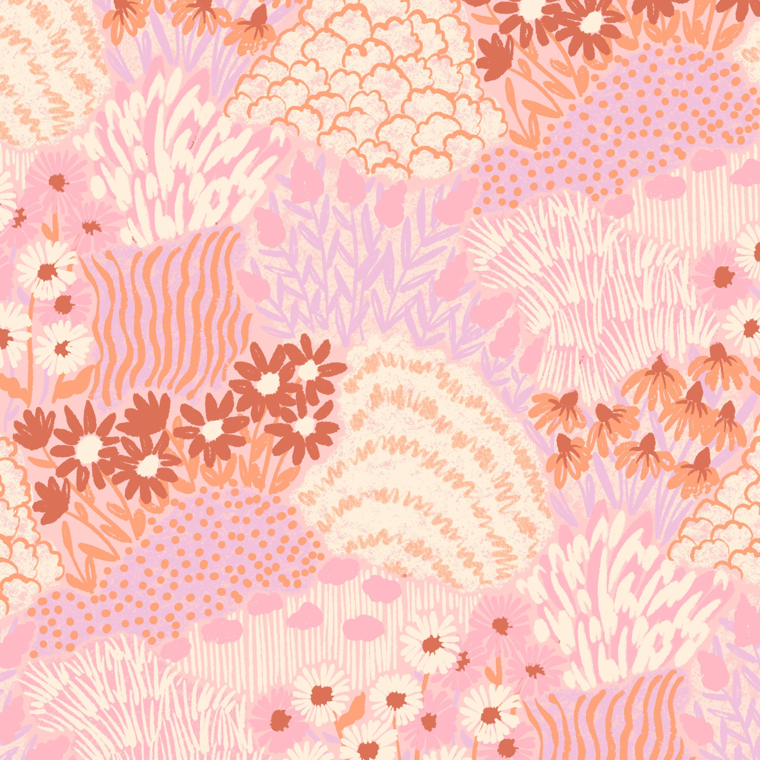 Playful pink and orange floral collage pattern with daisies and brushstroke textures