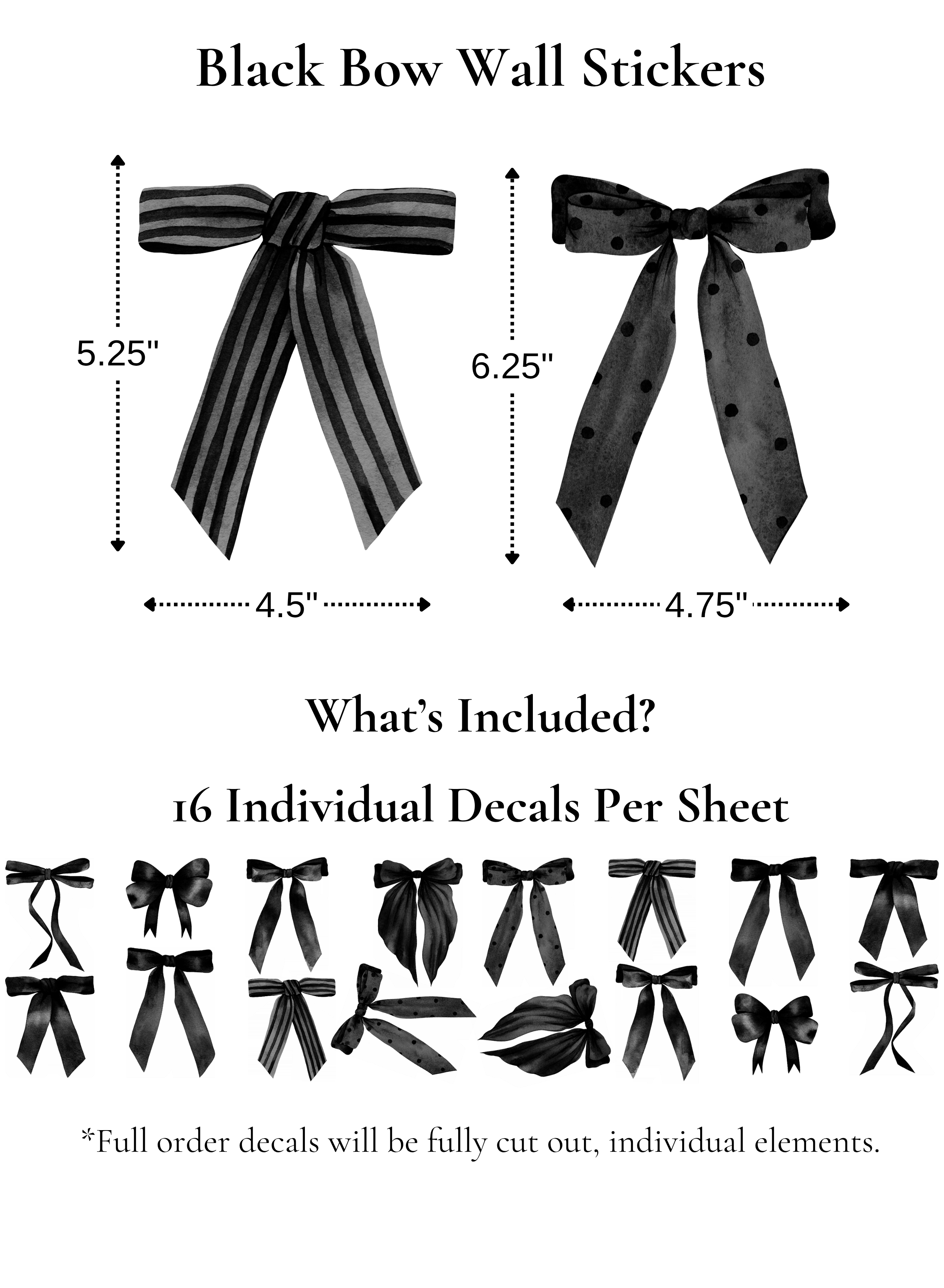 Black bow wall stickers with measurements and included decals on a white background