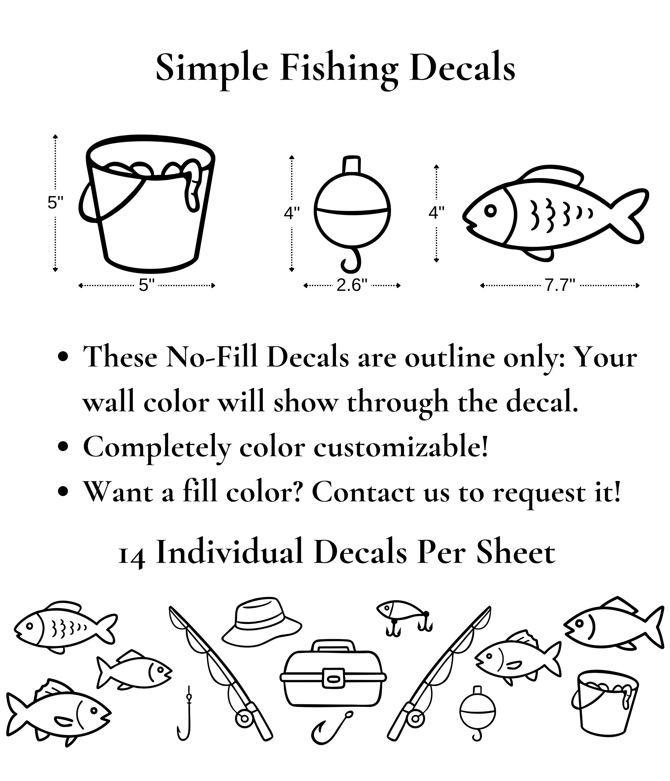 Sheet of Simple Fishing Decals including fish, fishing rods, bucket, hat, and hooks – outline wall stickers, color customizable.