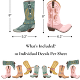 Cowgirl boot decal size chart showing individual boot decals and what’s included per sheet.