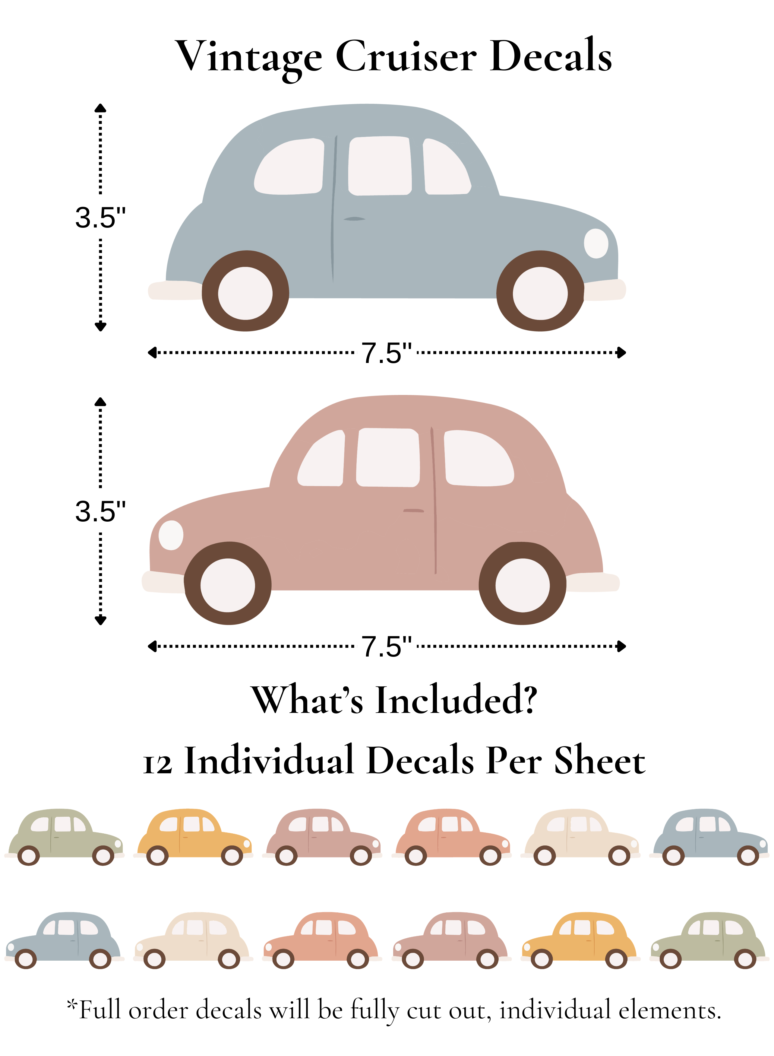Vintage cruiser wall decals size chart showing 7.5 inch wide by 3.5 inch tall retro car stickers, 12 decals per sheet