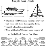 Sheet of Simple Boat Decals including sailboats, yachts, ferries, and fishing boats, outline wall stickers, fully customizable.