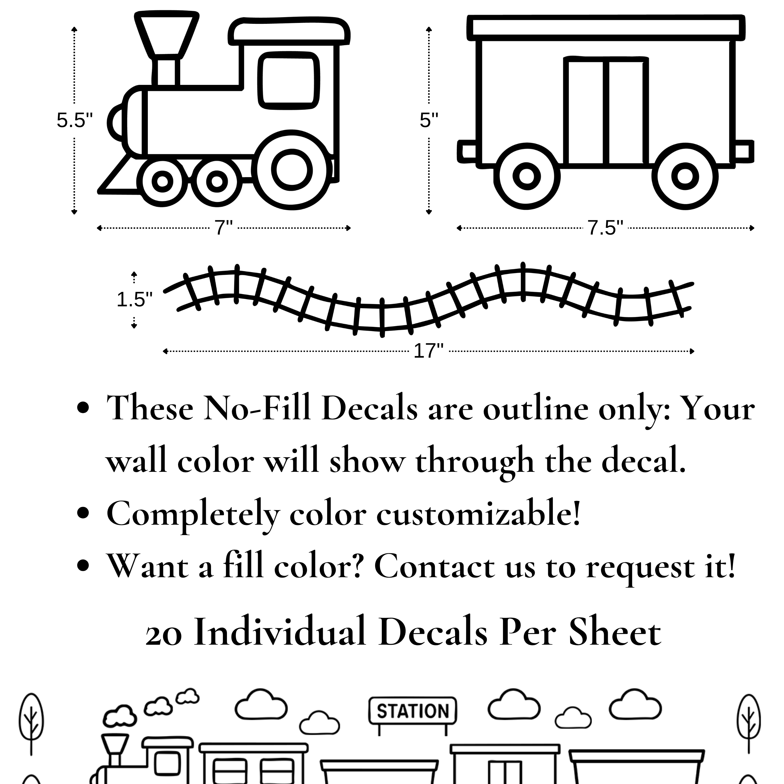 Simple train decals with measurements and customization information on a white background