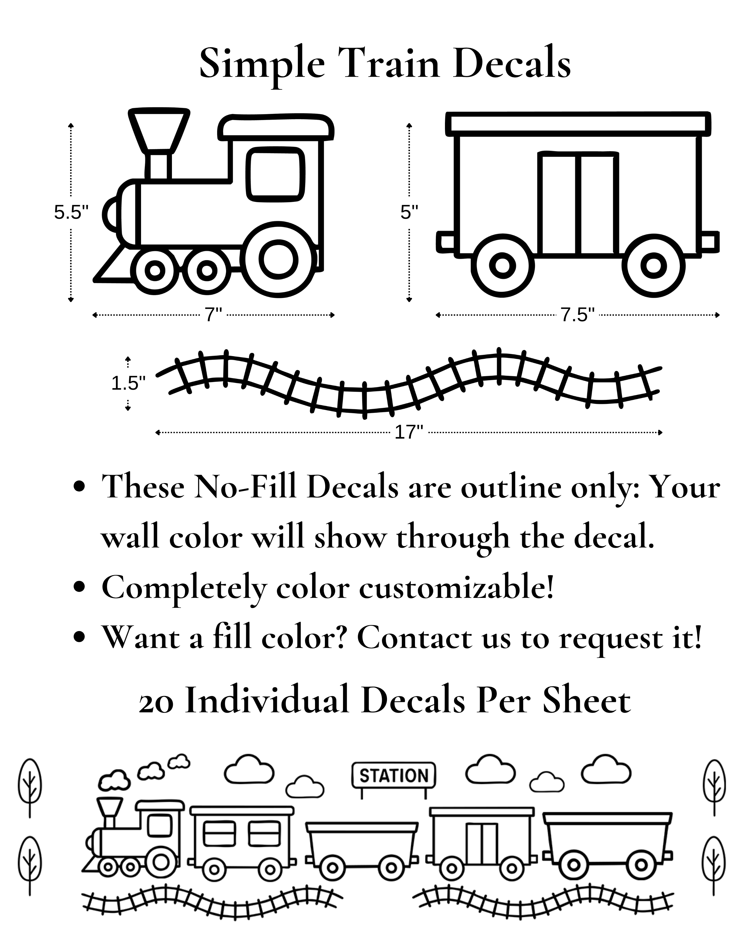 Simple train decals with measurements and customization information on a white background