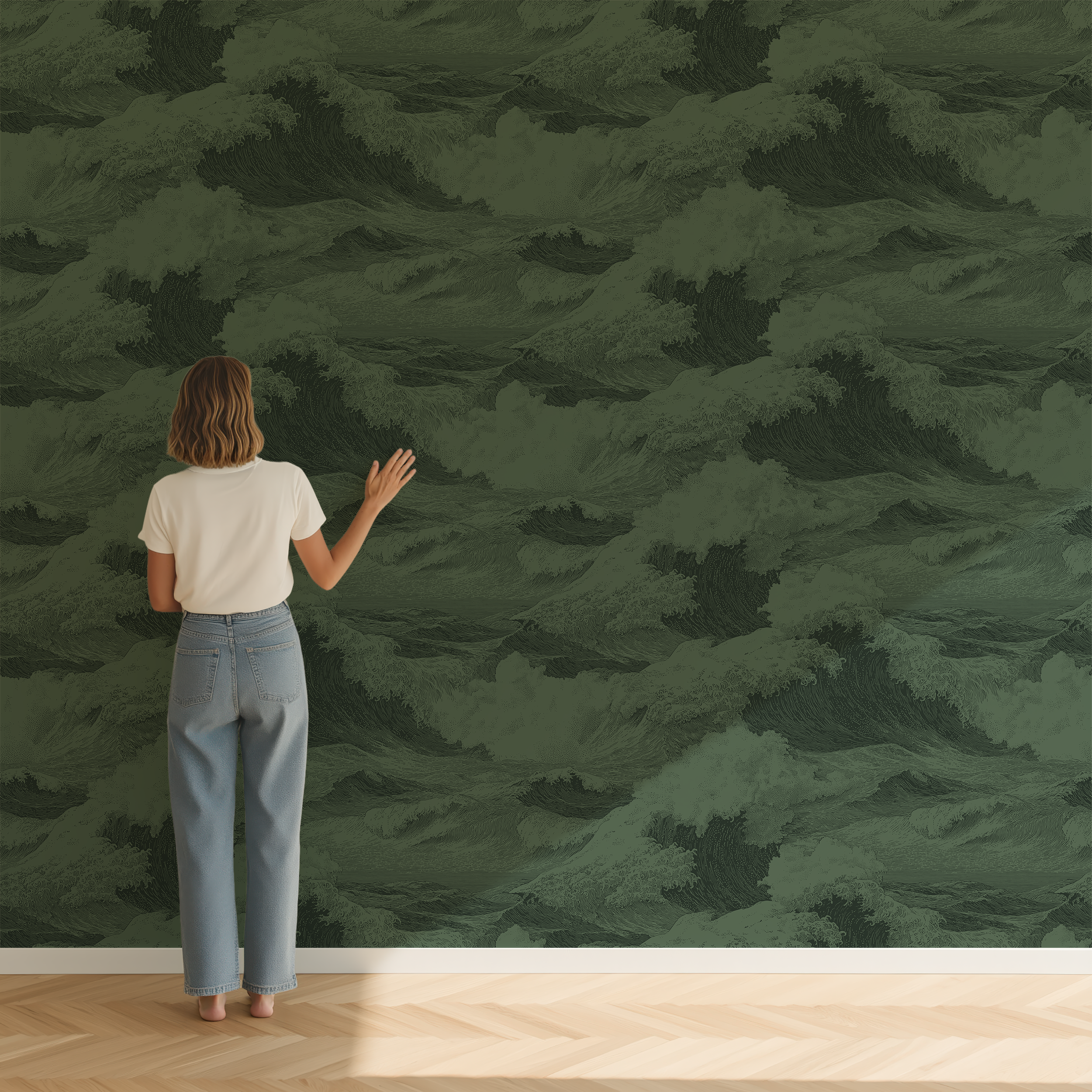 Deep green Japandi Tide wallpaper scale reference, moody ocean inspired wallpaper for modern interiors