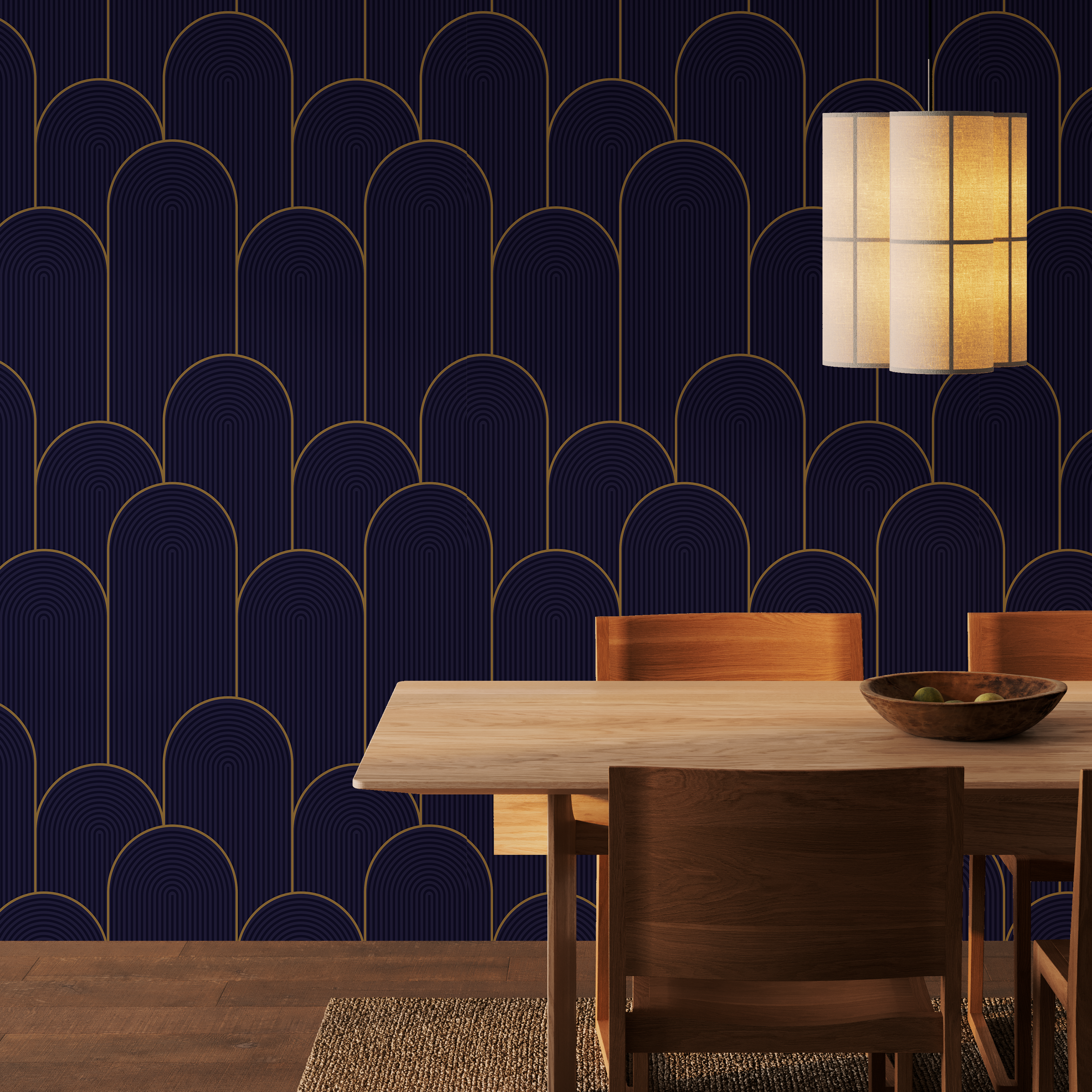 modern dining room with dark blue geometric arch wallpaper and warm wood furniture