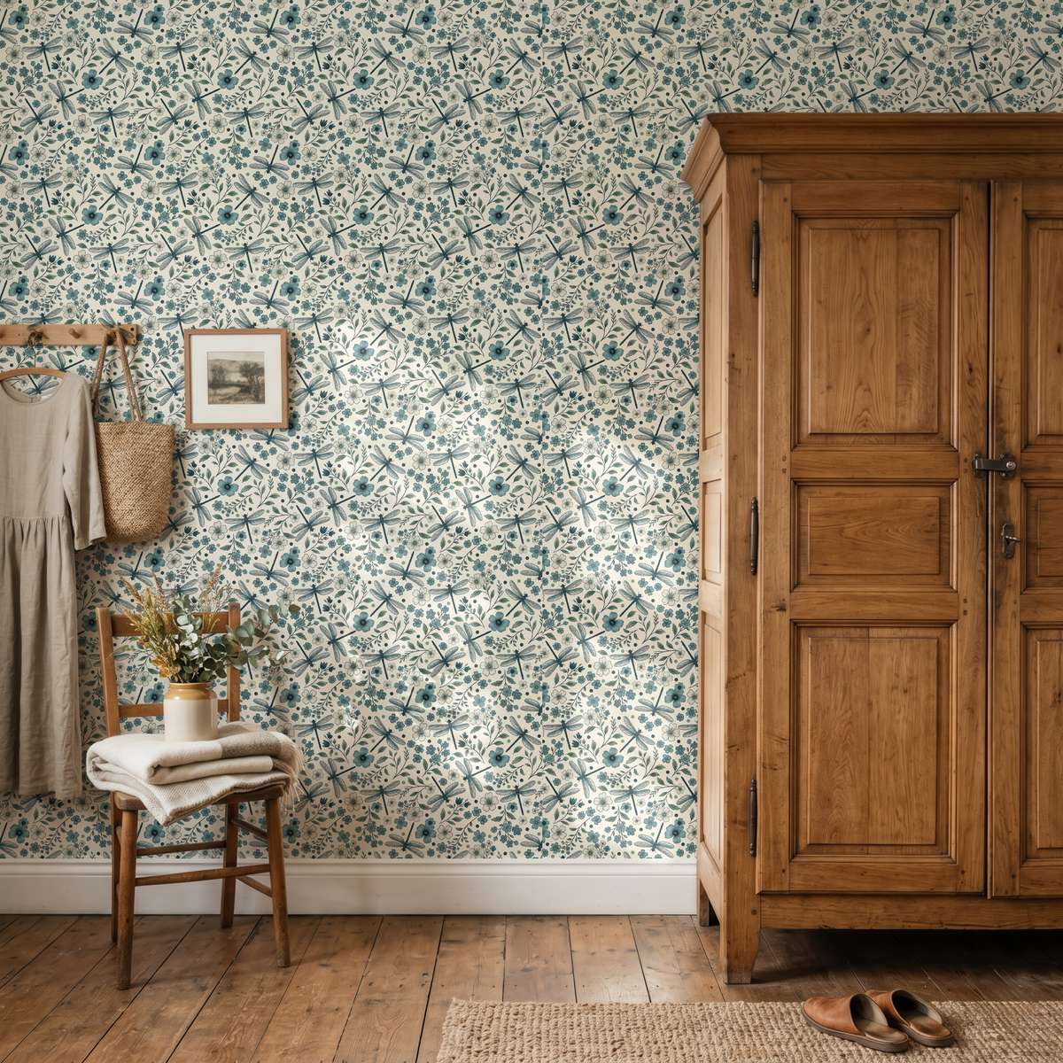 Blue floral and dragonfly wallpaper styled with a vintage wood armoire, natural wood floors and relaxed cottage decor.