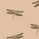Close up of vintage dragonfly illustration wallpaper showing hand drawn insect details on warm beige background
