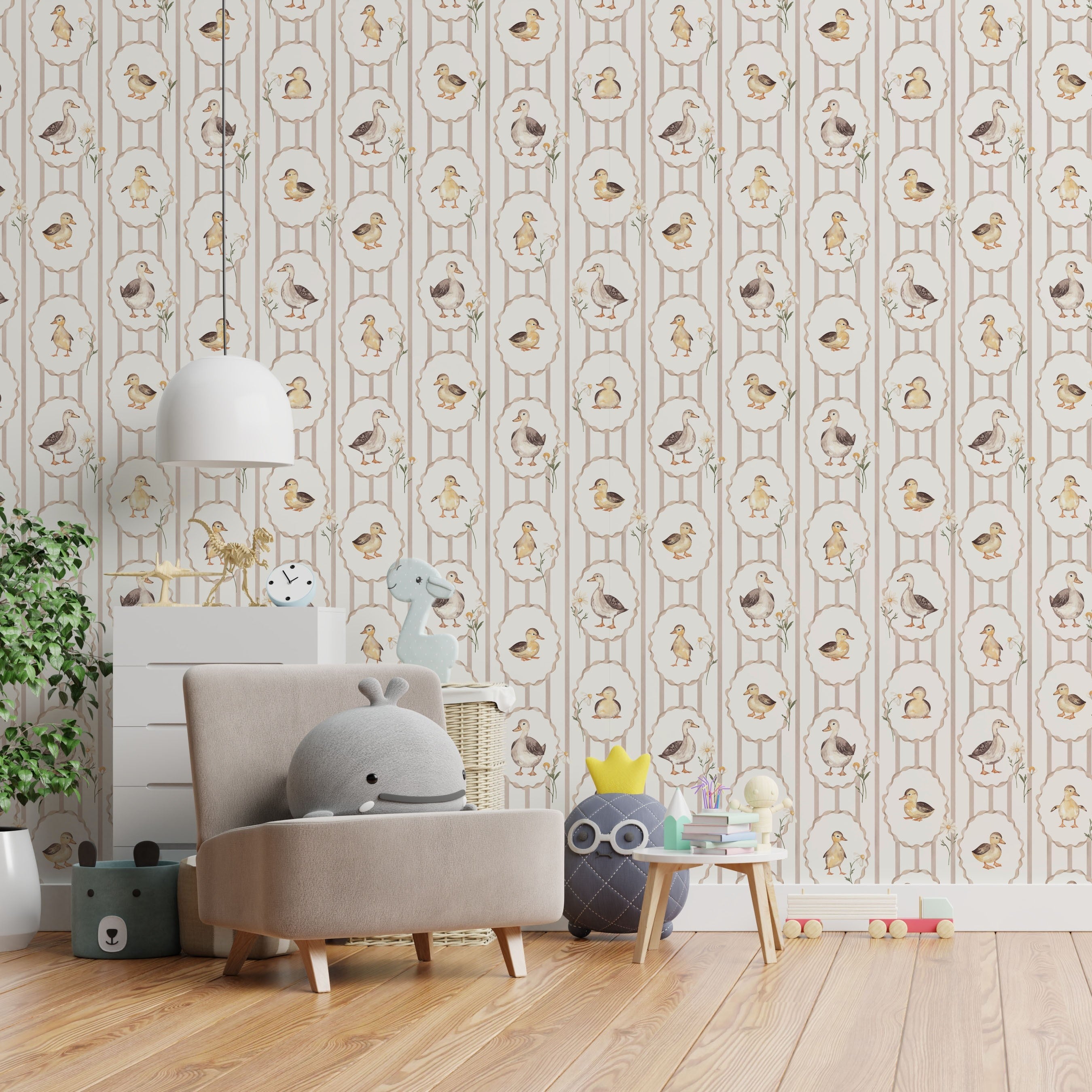 Cottage nursery with duck wallpaper, soft neutral decor and playful baby room styling
