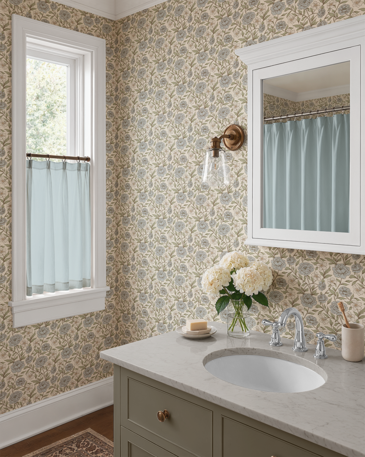 Traditional bathroom with Dusty Blue and Green Peony wallpaper, marble vanity, brass lighting, and soft vintage botanical decor.