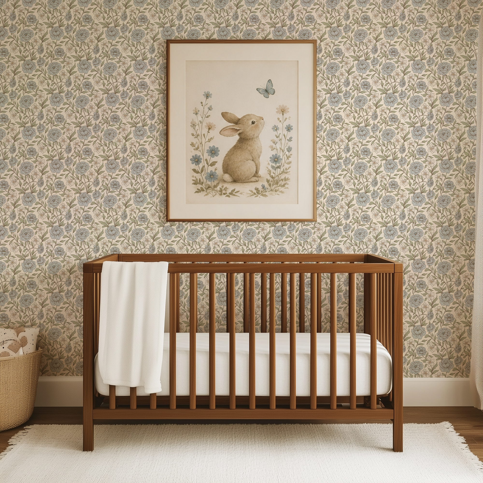Nursery featuring Dusty Blue and Green Peony wallpaper with warm wood crib and whimsical bunny artwork in a timeless cottage-inspired space.