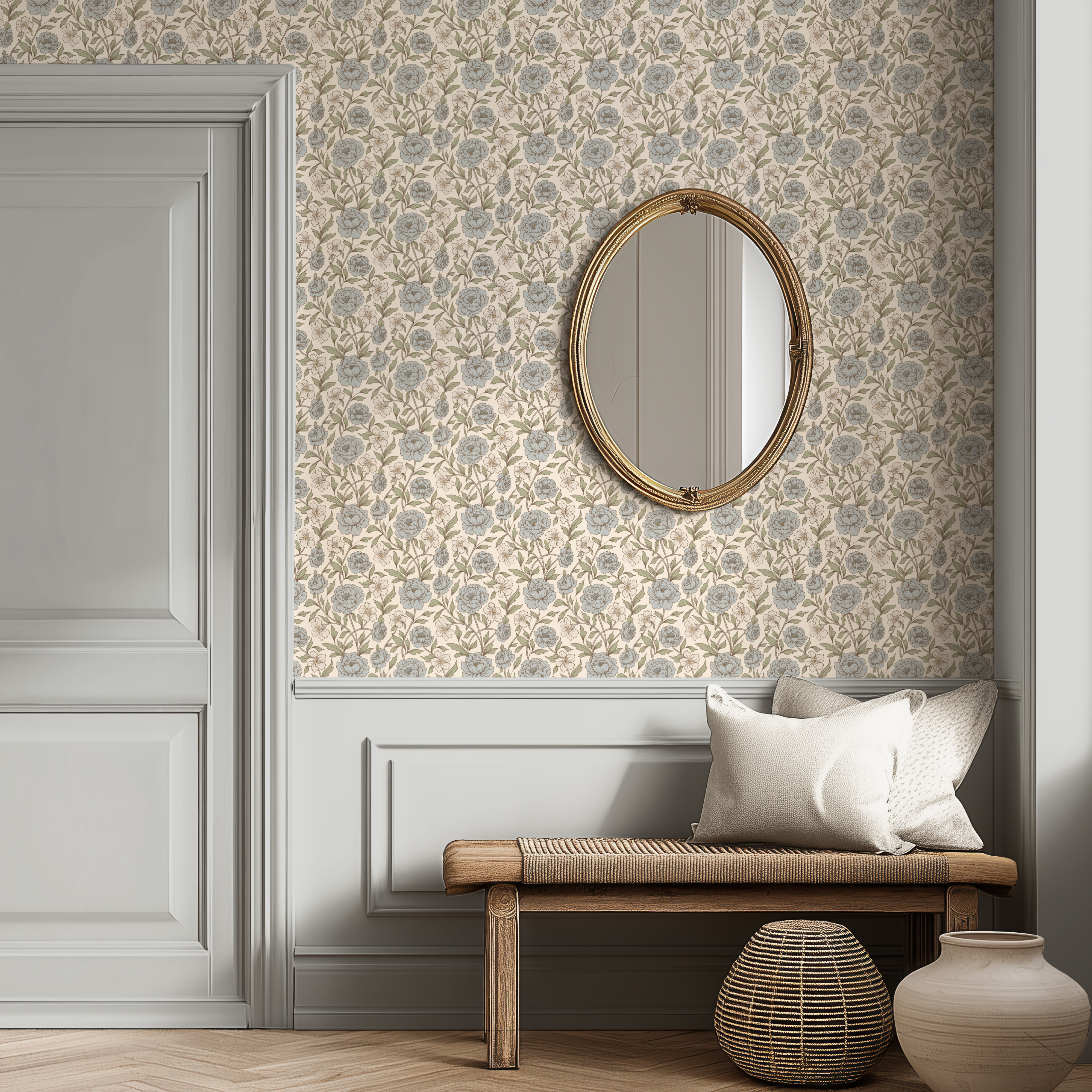 Elegant entryway with Dusty Blue and Green Peony wallpaper, light greige paneling, antique brass mirror, and classic cottage styling.