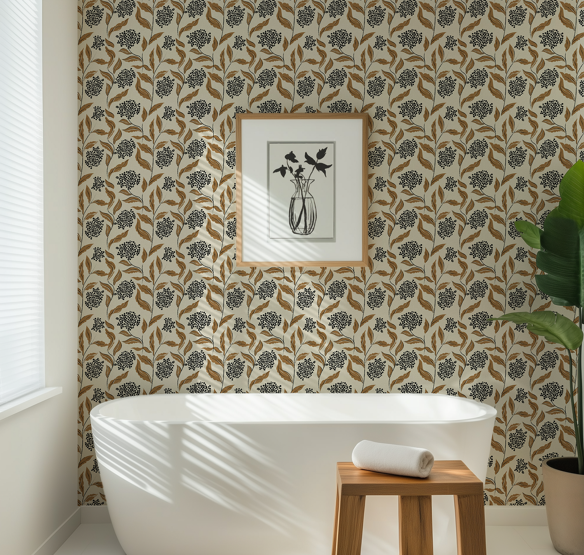 Brown and black botanical floral wallpaper in a bright bathroom with freestanding white bathtub and natural wood accents.
