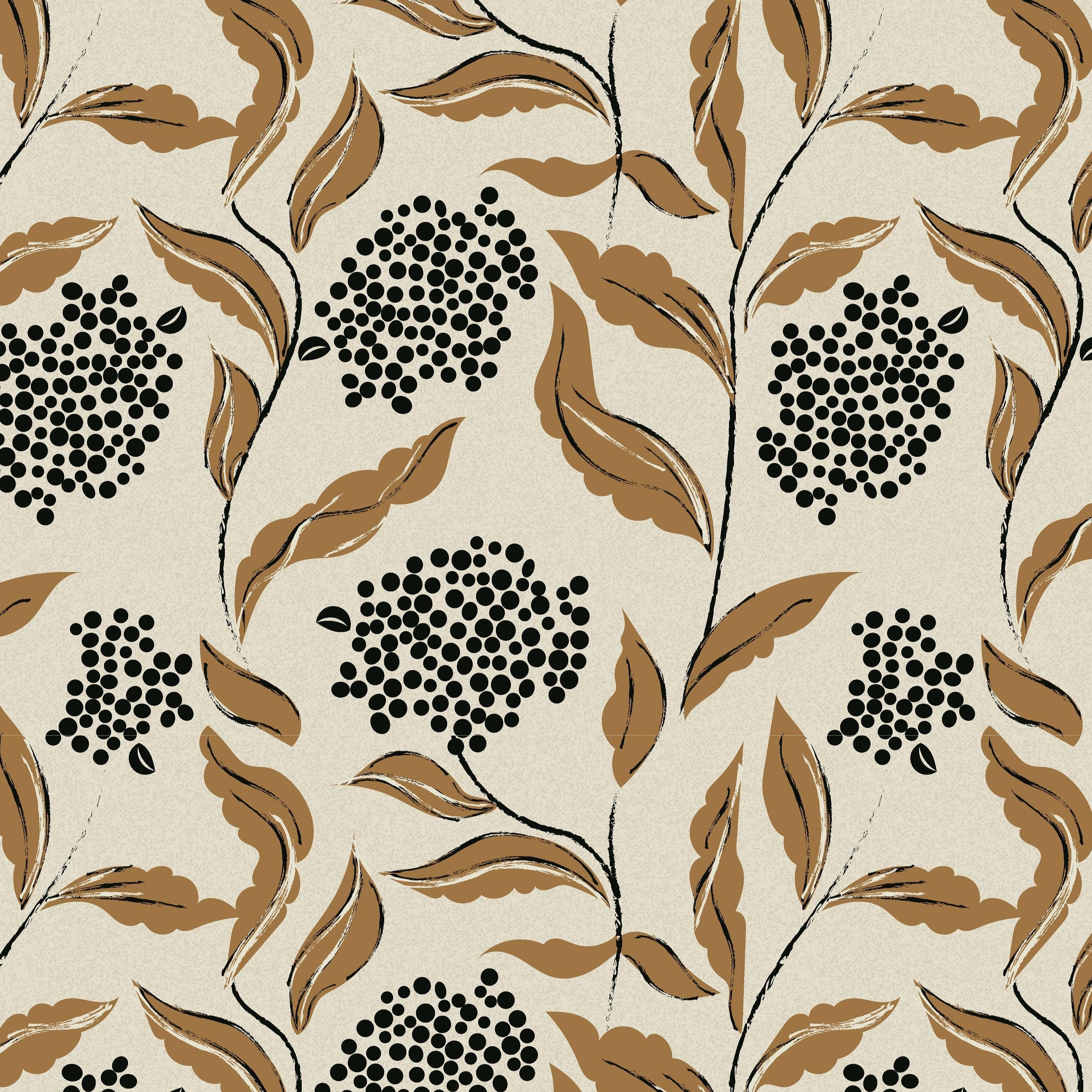 Close-up of Elderberry Grove wallpaper pattern with black dotted flowers, golden brown leaves and hand-drawn botanical details.