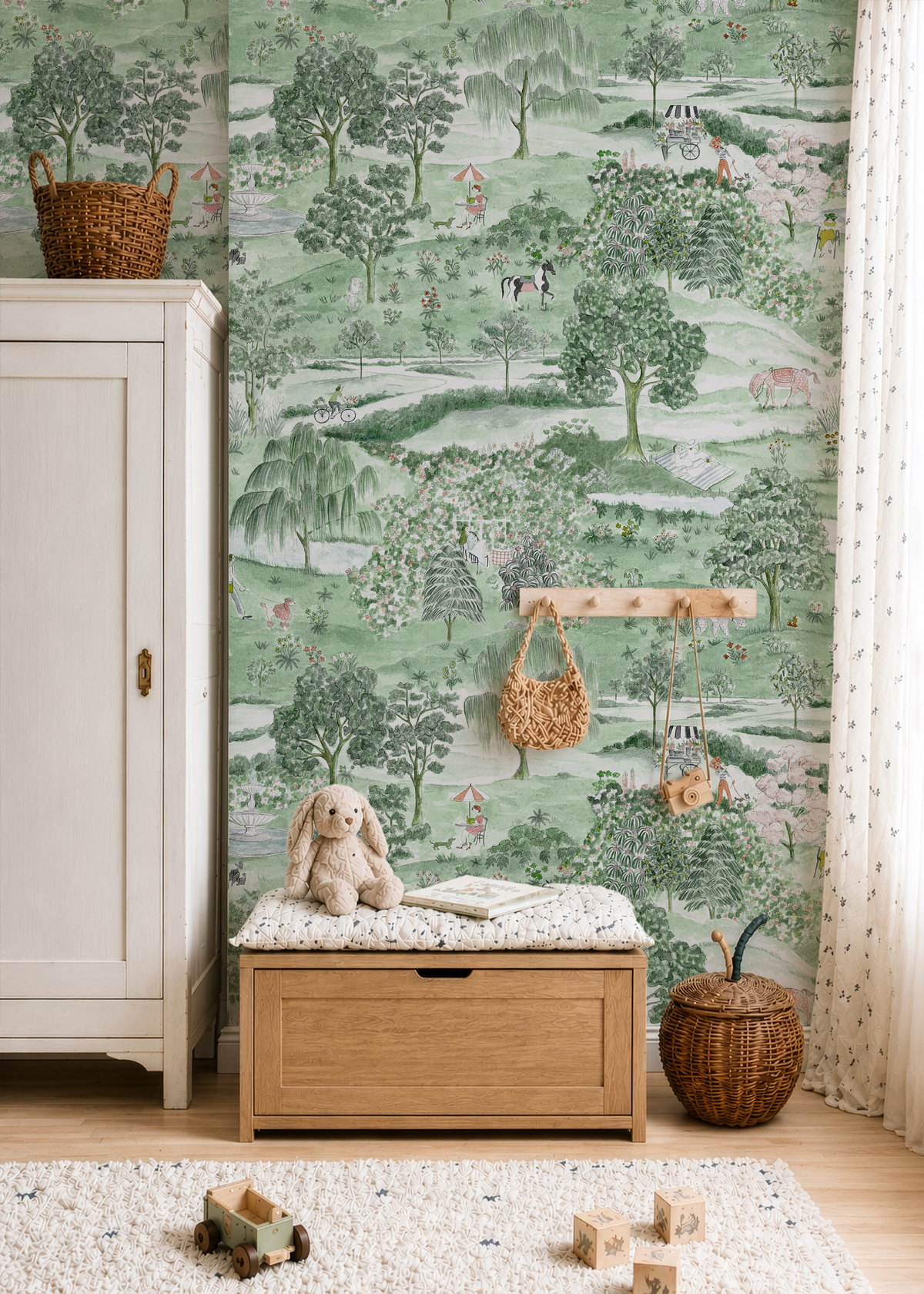 English Garden scenic wallpaper in a kids room with green countryside trees, flowers, horses and whimsical garden scenes