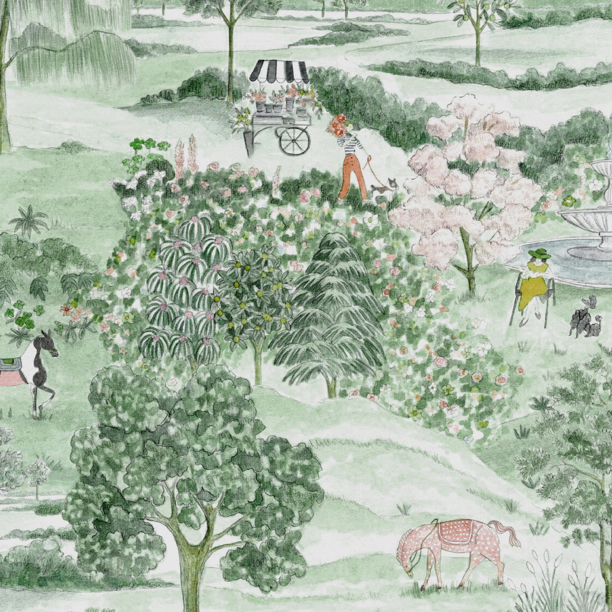 English Garden wallpaper close up showing hand drawn green landscape, flower gardens, horse, fountain and flower cart